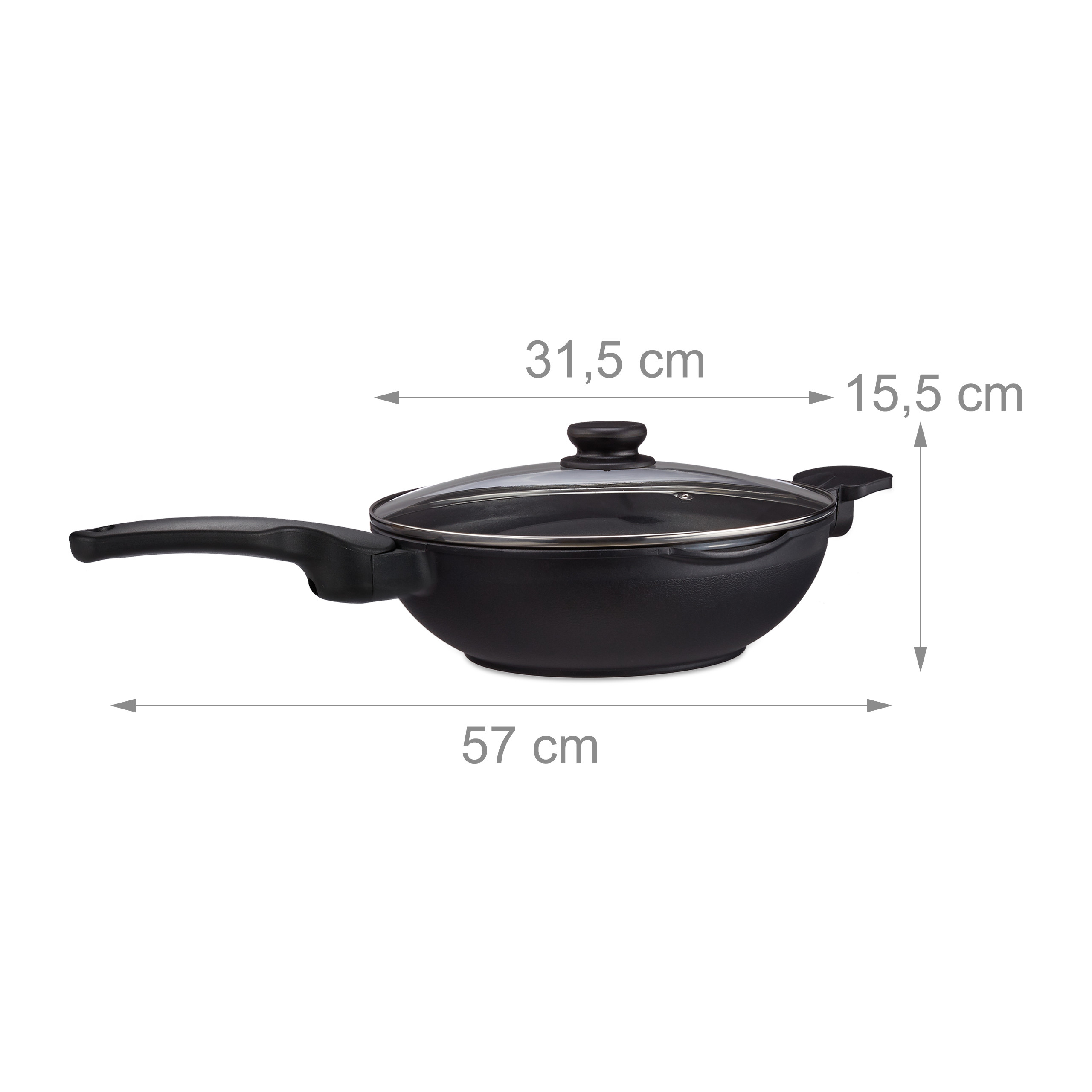 Schwarze Pfanne mit Glasdeckel und Maßen: 57 cm lang, 31,5 cm Durchmesser, 15,5 cm hoch.