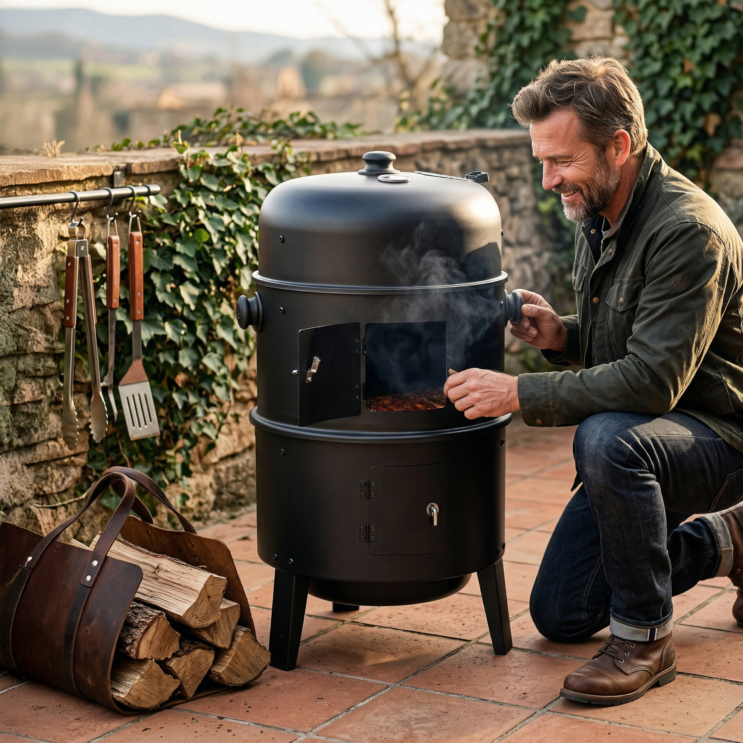 Ein Mann kniet auf einer Terrasse und öffnet die Tür eines schwarzen Kugelgrills mit rauchendem Fleisch.