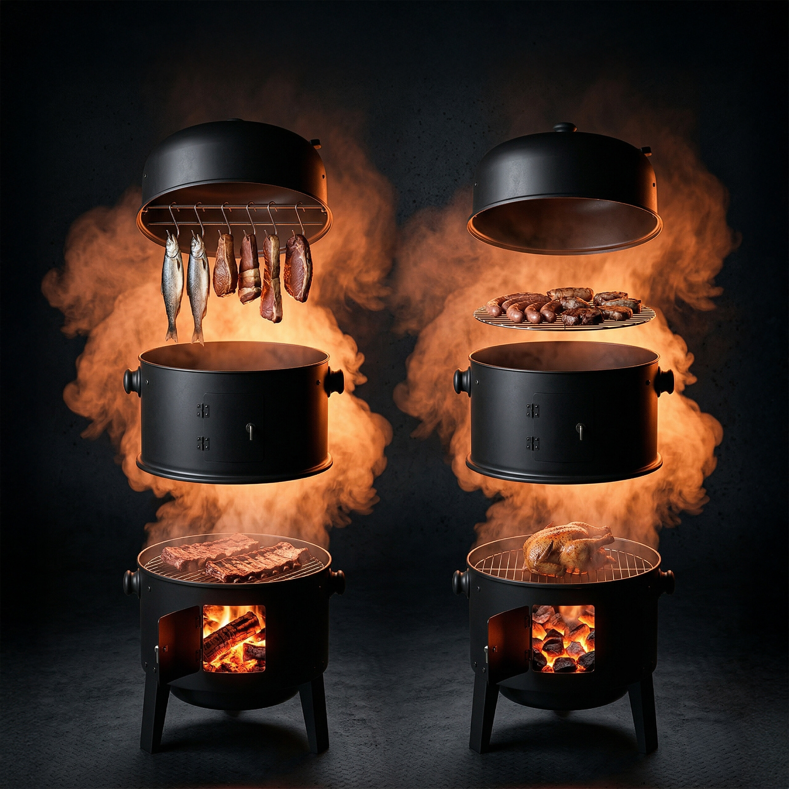Zwei schwarze Grills mit aufsteigendem Rauch, Fisch, Fleisch und Geflügel garend über offenem Feuer.