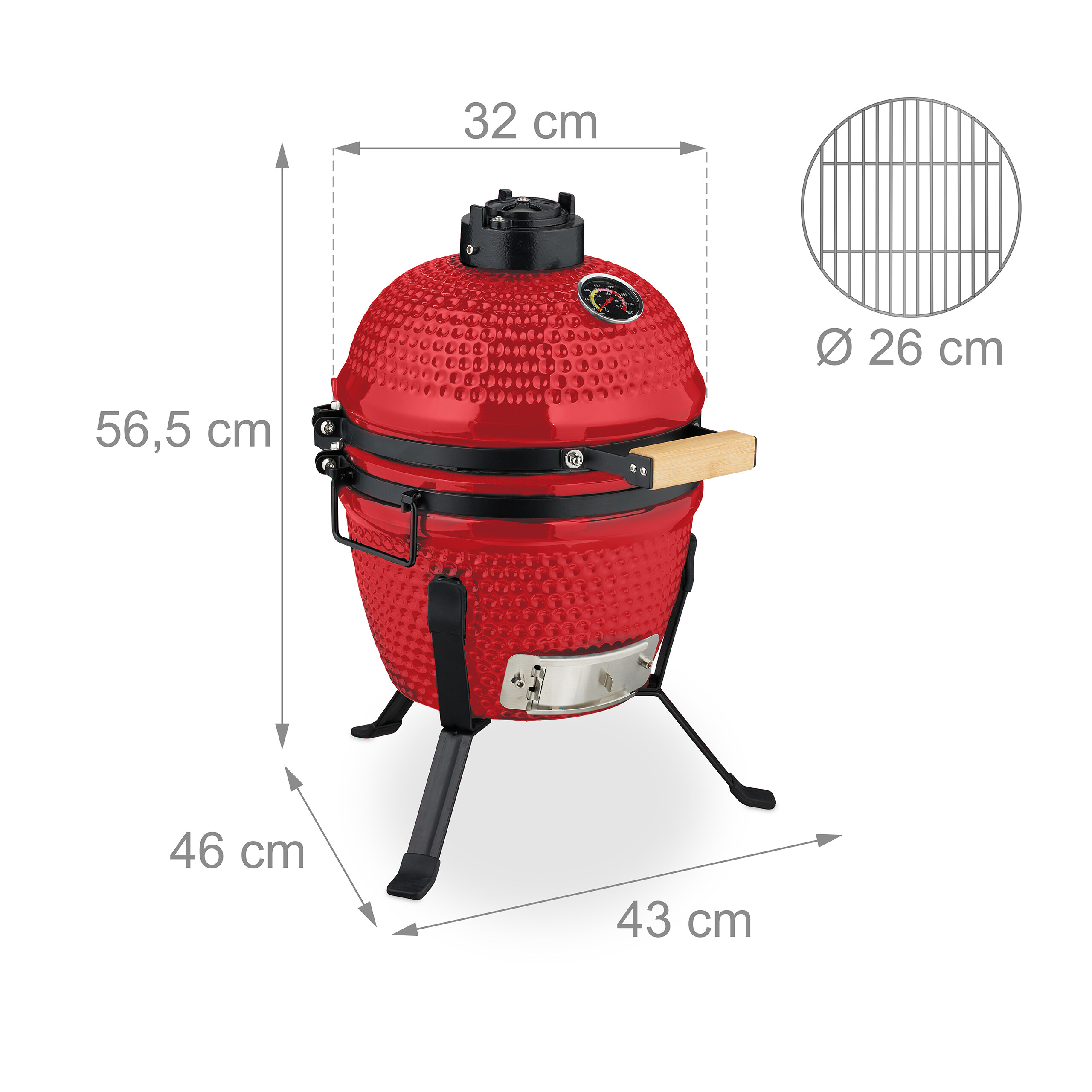 Kleiner roter Keramikgrill mit Maßangaben in cm, Holzgriff und einem runden Grillrost oben rechts.