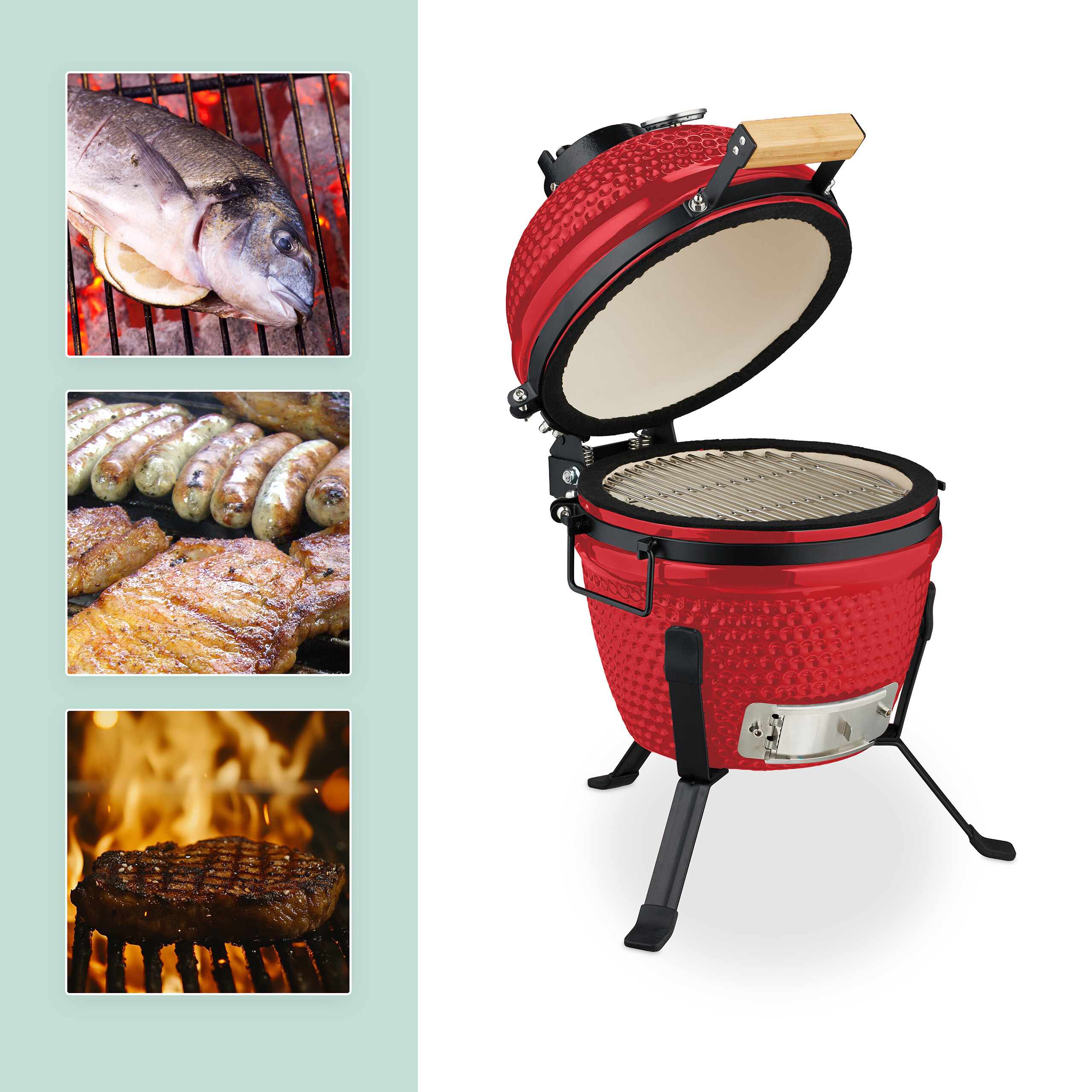 Ein roter Keramik-Kamadogrill mit offenem Deckel, daneben kleine Einsatzbilder von Fisch, Würstchen und Steak.