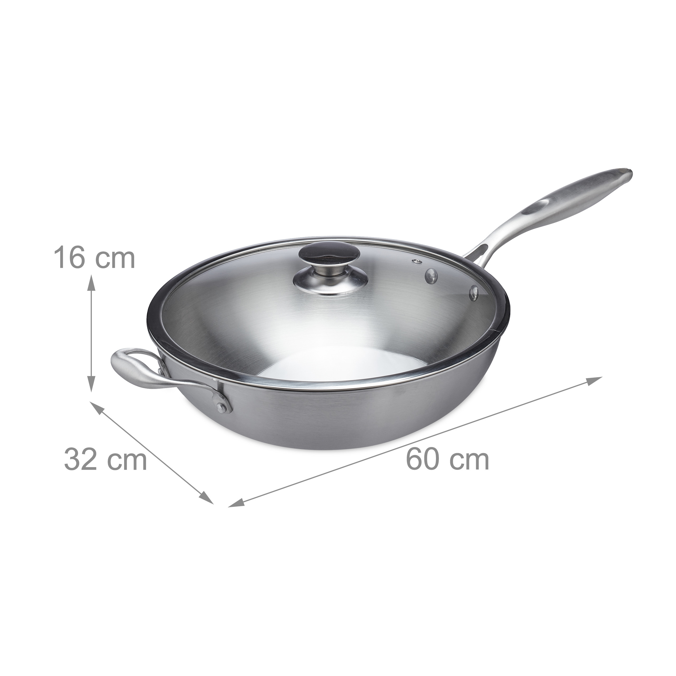 Edelstahl-Wok mit Glasdeckel und Maßangaben für Höhe, Breite und Länge.