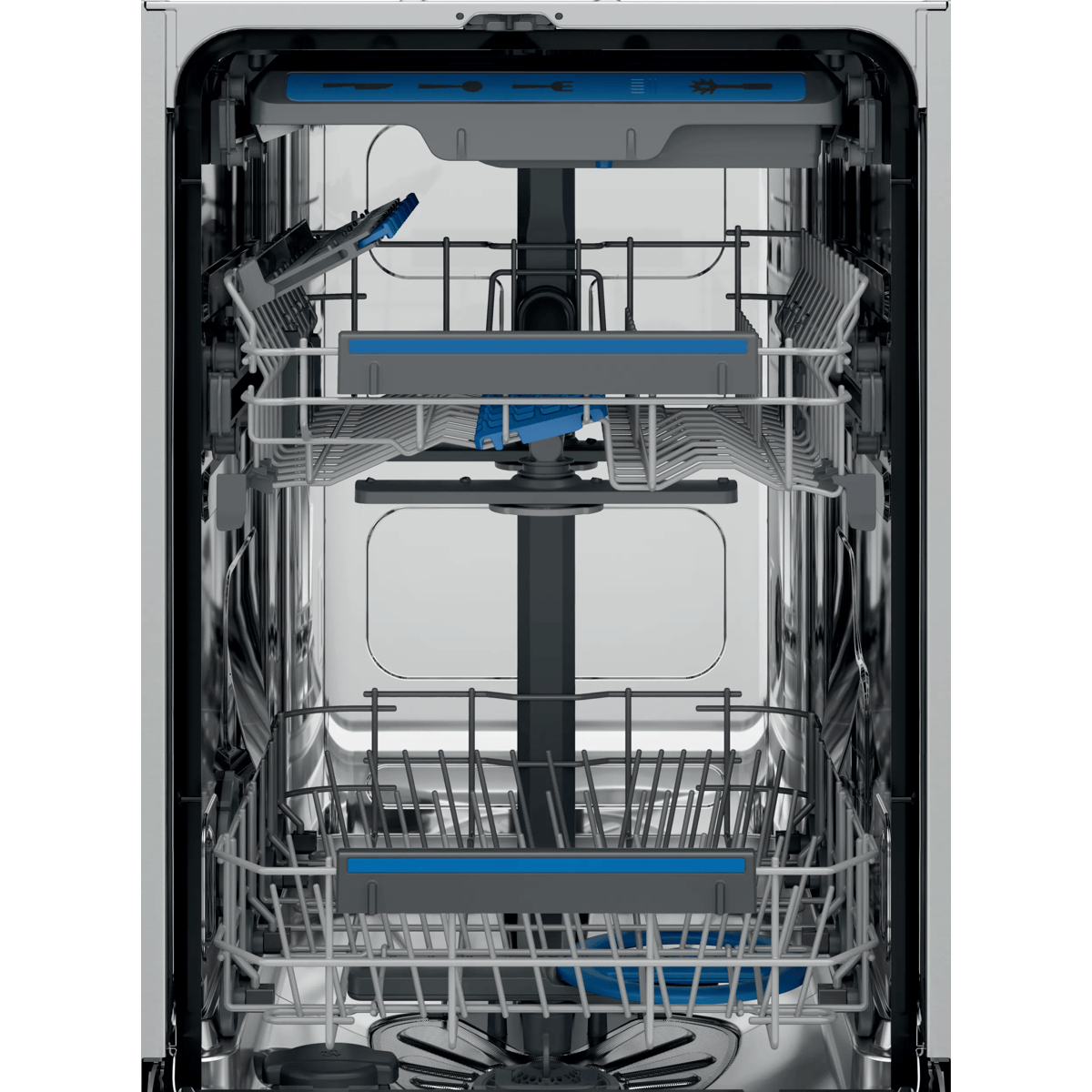 Interno di lavastoviglie in acciaio inox aperto con tre cestelli grigi e dettagli blu.