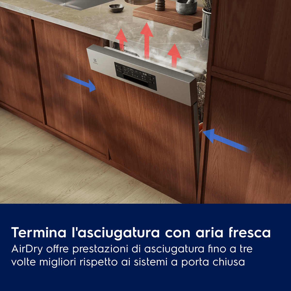 Una lavastoviglie con porta aperta mostra vapore rosso e frecce blu per la circolazione.