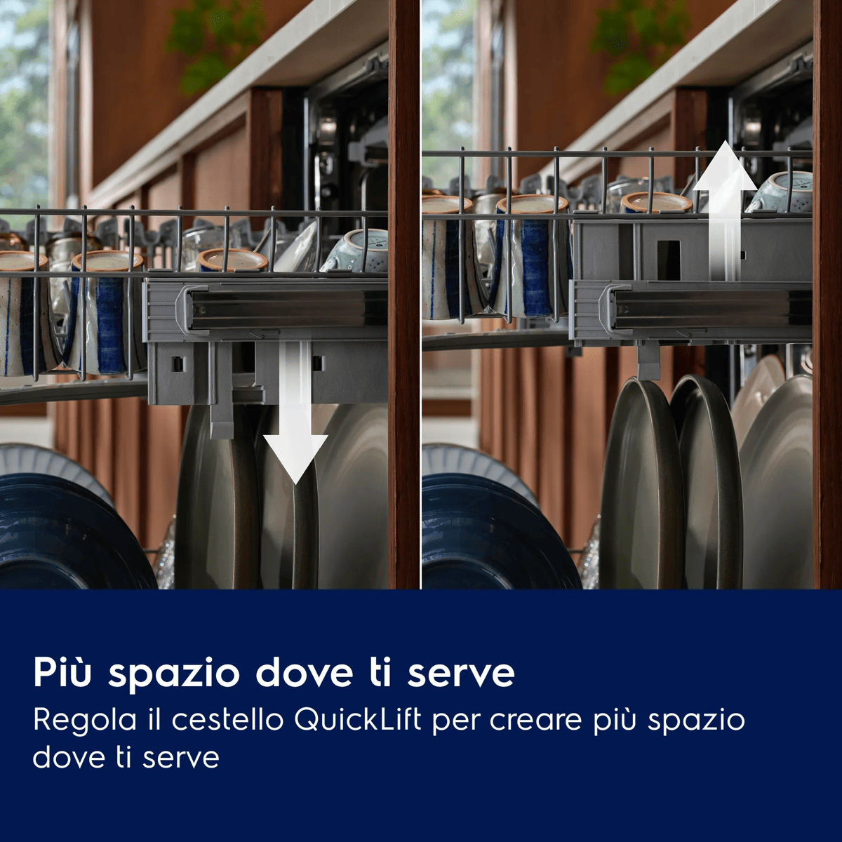 Cestello della lavastoviglie che si muove su e giù con frecce, mostrando la funzione.