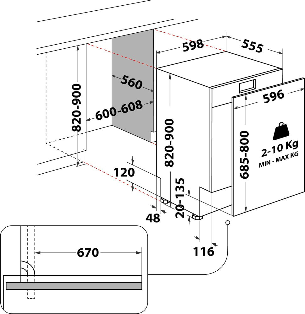 Disegno tecnico con le quote per l'installazione di una lavastoviglie in un mobile da cucina.