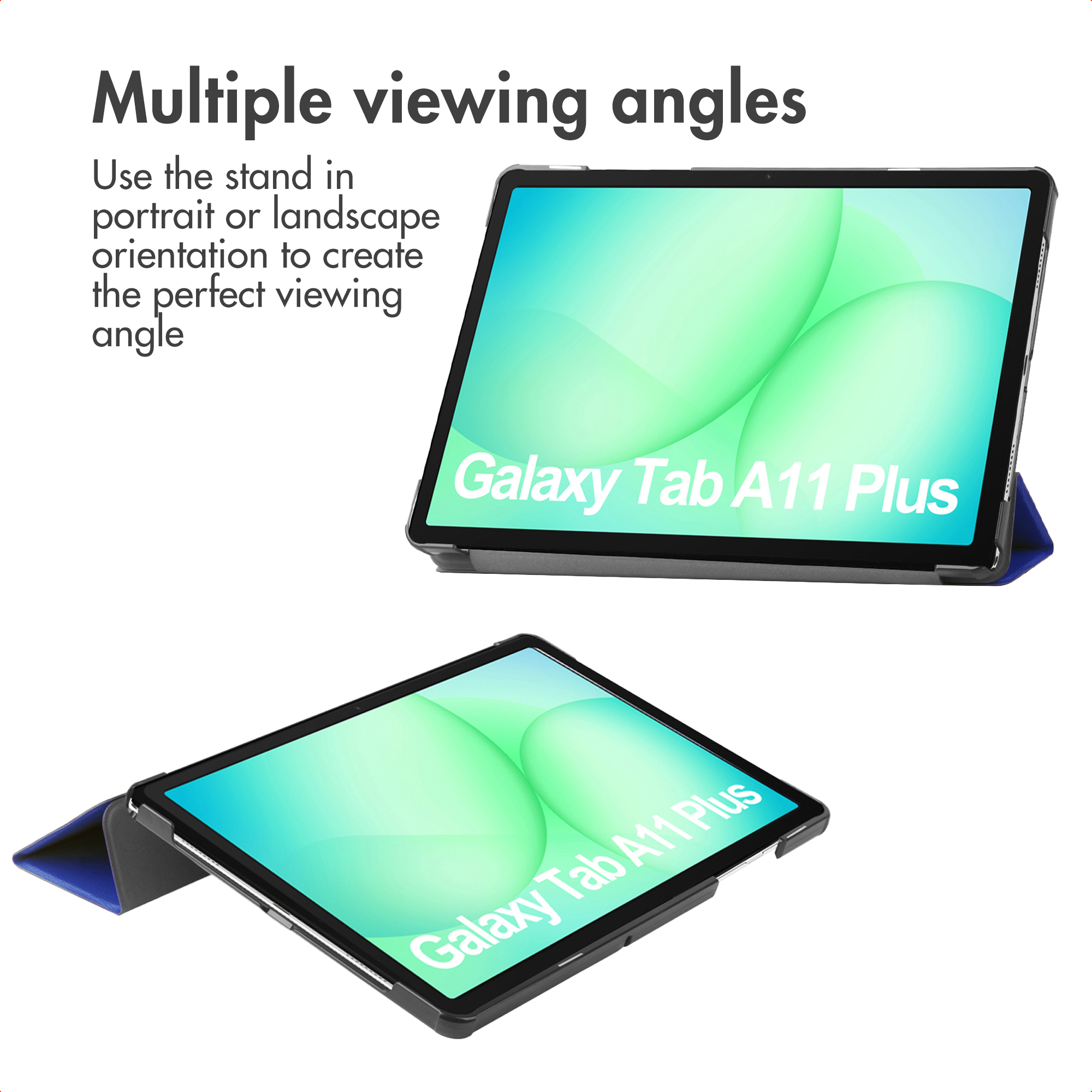 Two Galaxy Tab A11 Plus tablets in protective cases show different viewing angles.
