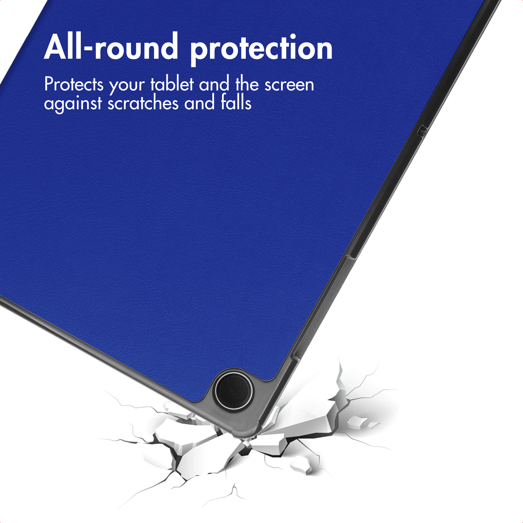 Blue tablet case with text "All-round protection" over a white cracked surface.