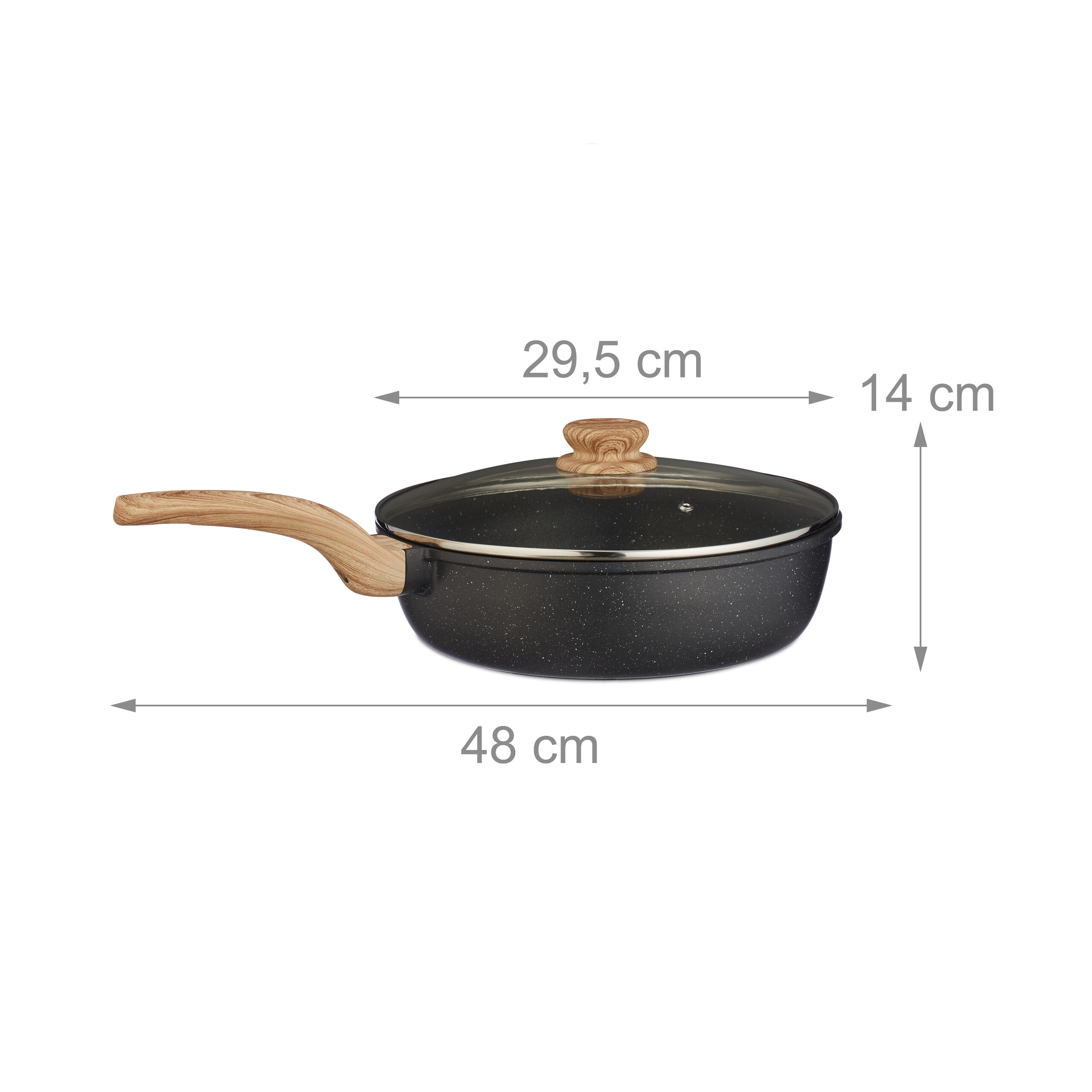 Schwarze Pfanne mit Holzoptik-Griff und Deckel, Maße 29,5 cm, 14 cm und 48 cm.
