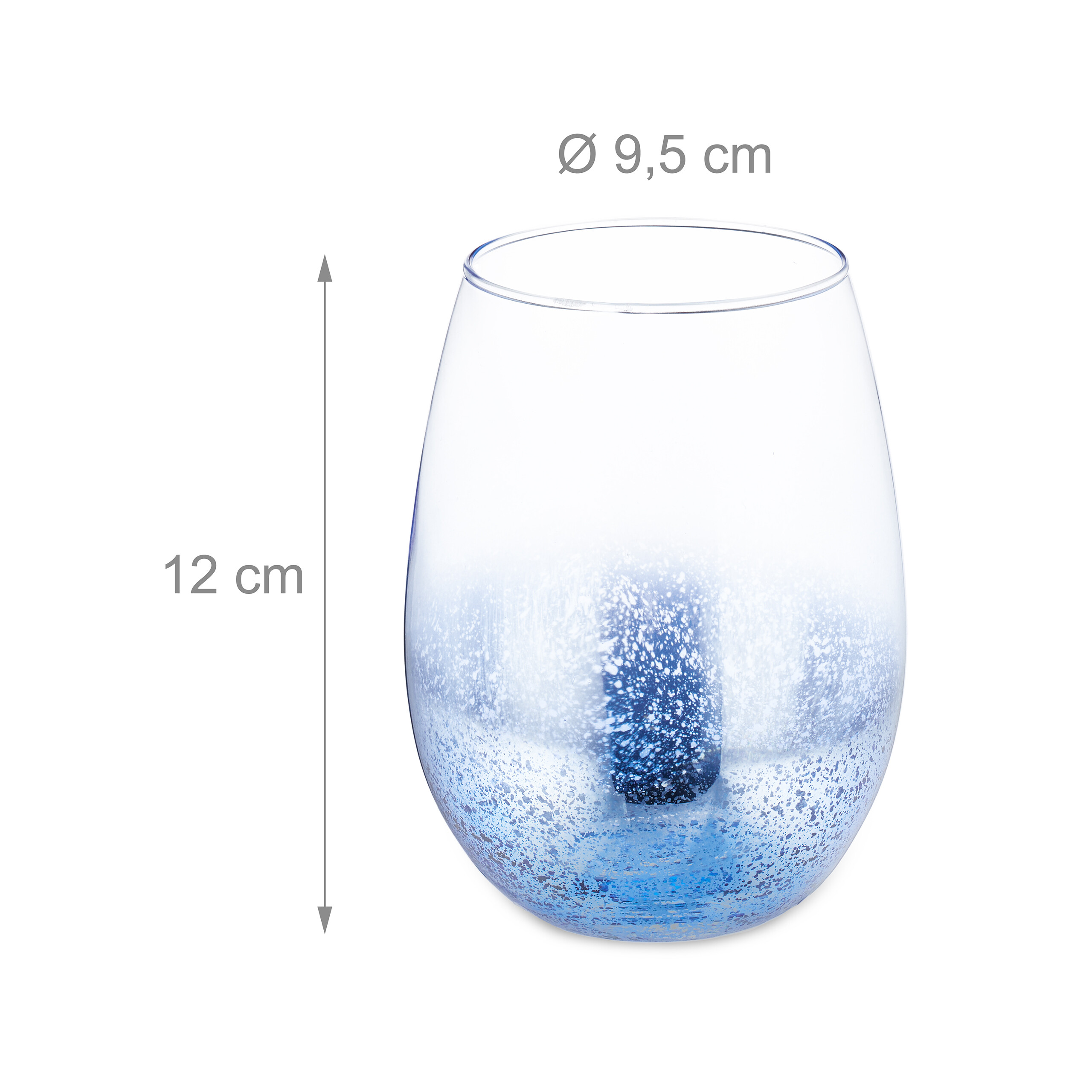 Glas mit blauem Ombre-Effekt und weißen Sprenkeln, 12 cm hoch, 9,5 cm Durchmesser.