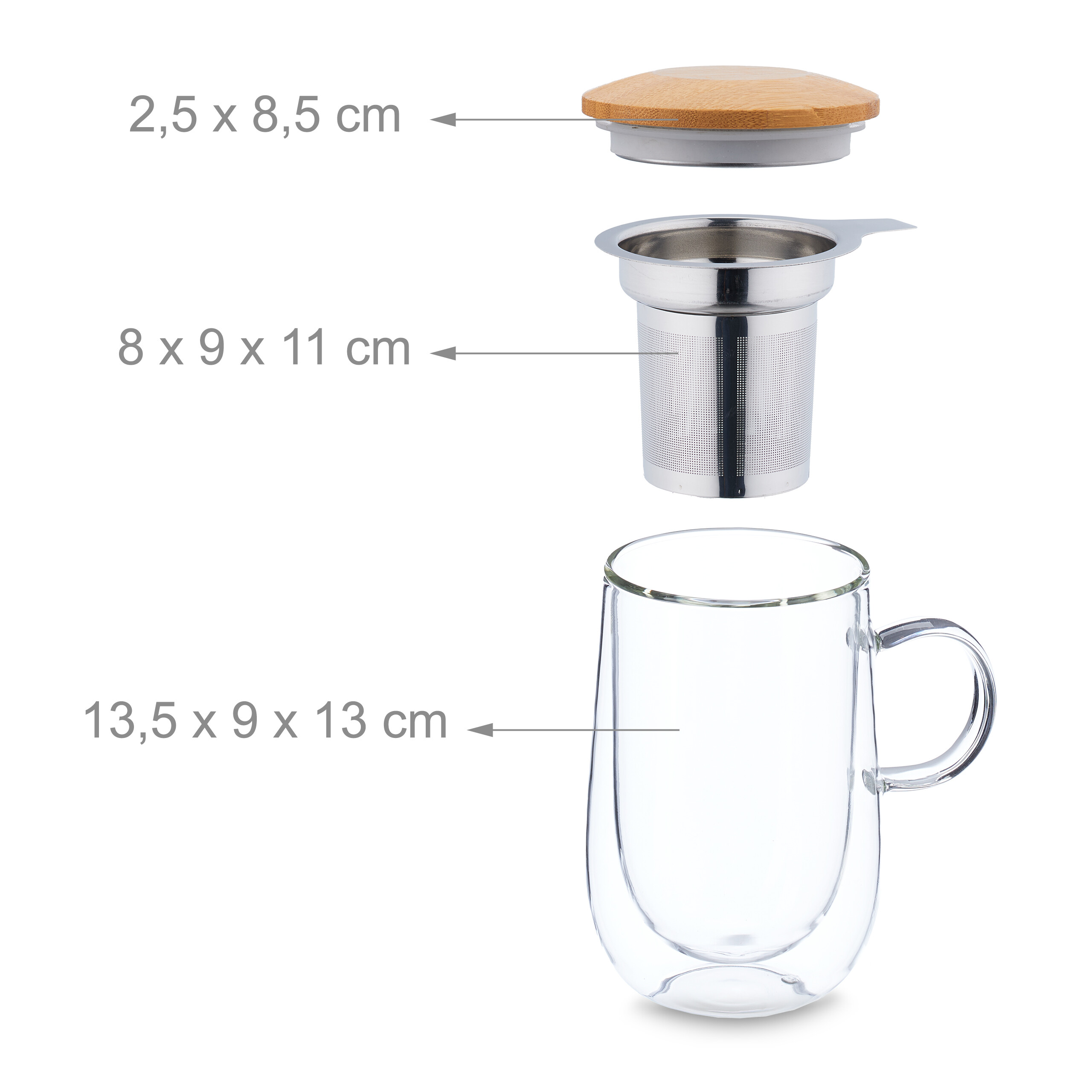 Glasbecher mit Teefilter und Holzdeckel, Abmessungen angezeigt.