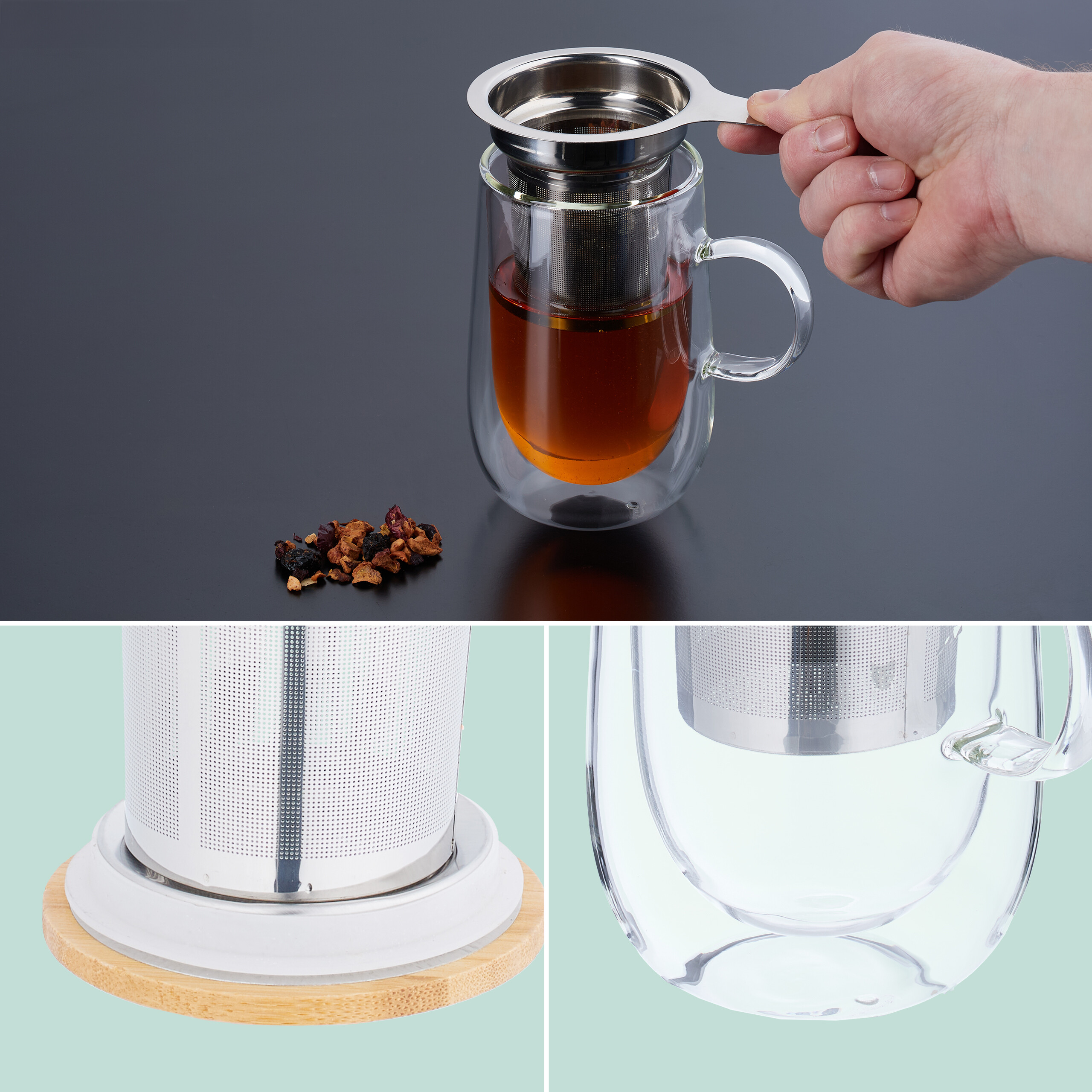 Hand hält einen Teefilter über einer doppelwandigen Glastasse mit Tee, lose Früchte daneben.
