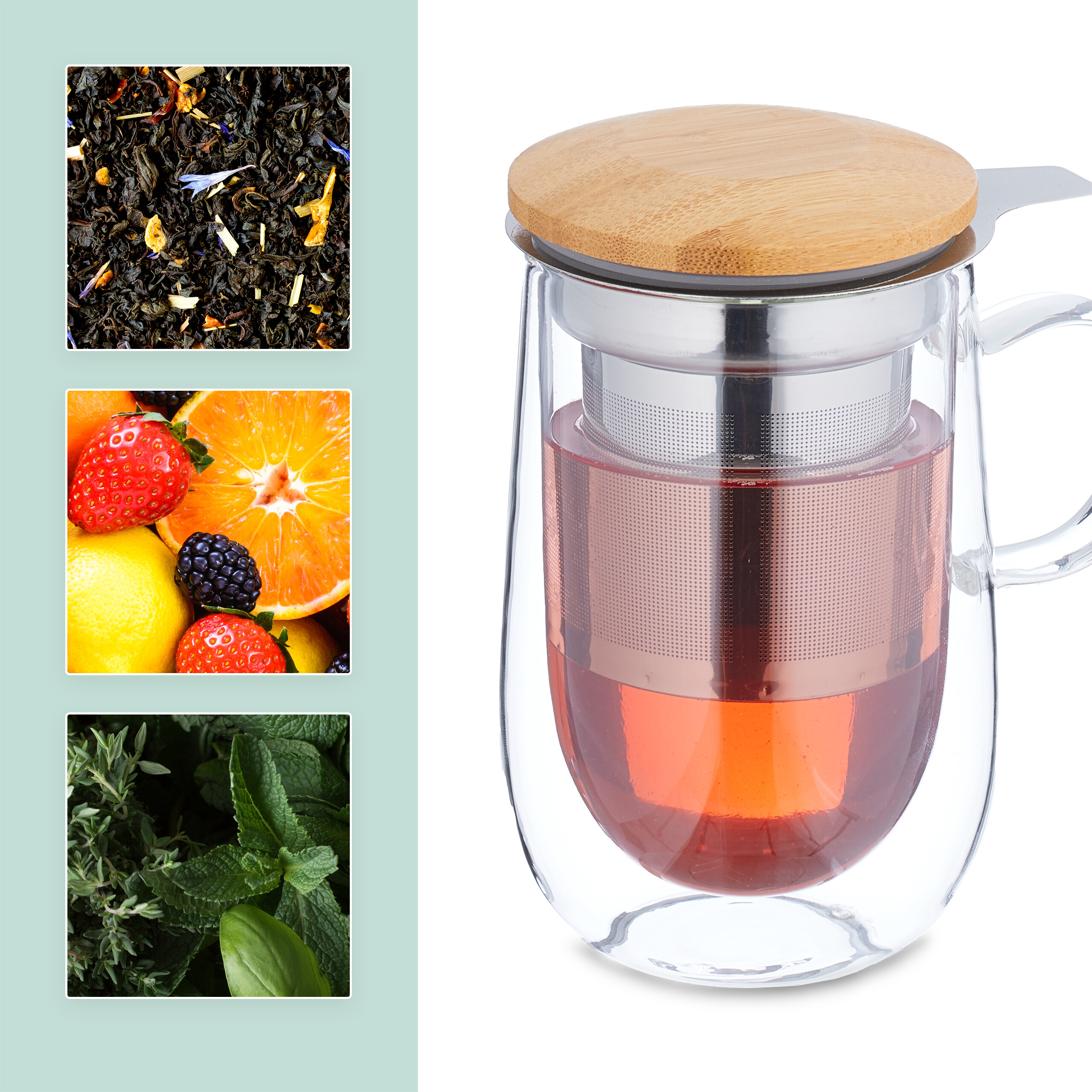 Glasteetasse mit Holzwand und Infuser, daneben Tee, Früchte und Kräuter.