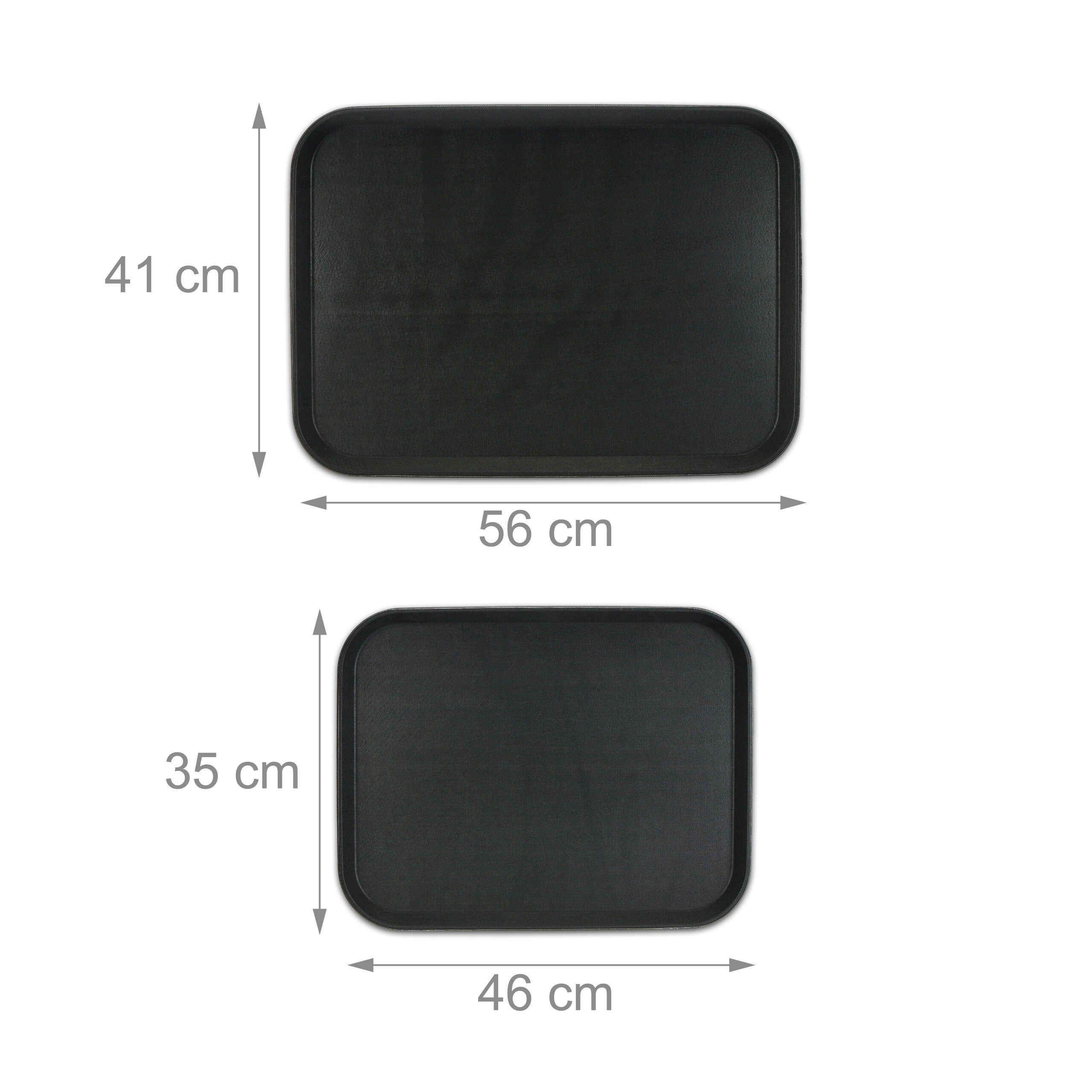 Zwei schwarze Tabletts mit Maßen von 41x56 cm und 35x46 cm auf weißem Hintergrund.
