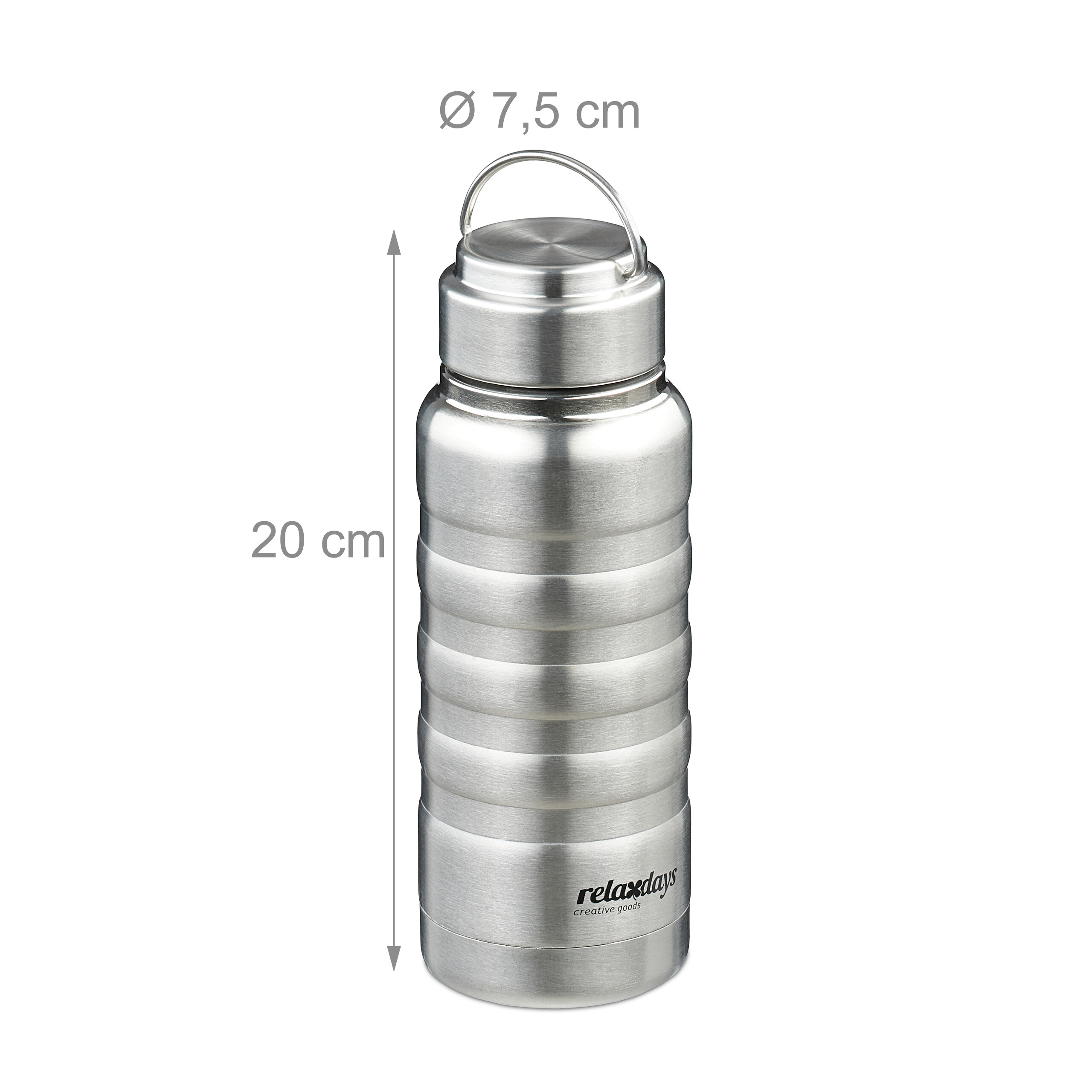Edelstahl-Trinkflasche mit Schraubverschluss und Henkel, 20 cm hoch, 7,5 cm Durchmesser.