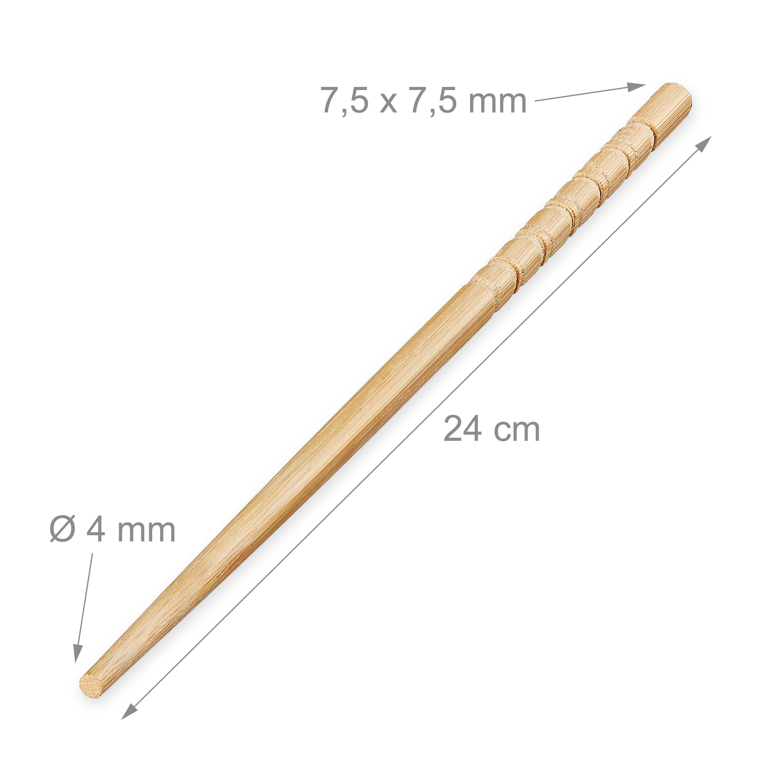 Ein hölzerner Stab mit Maßen von 24 cm Länge, 4 mm Durchmesser und 7,5 x 7,5 mm.