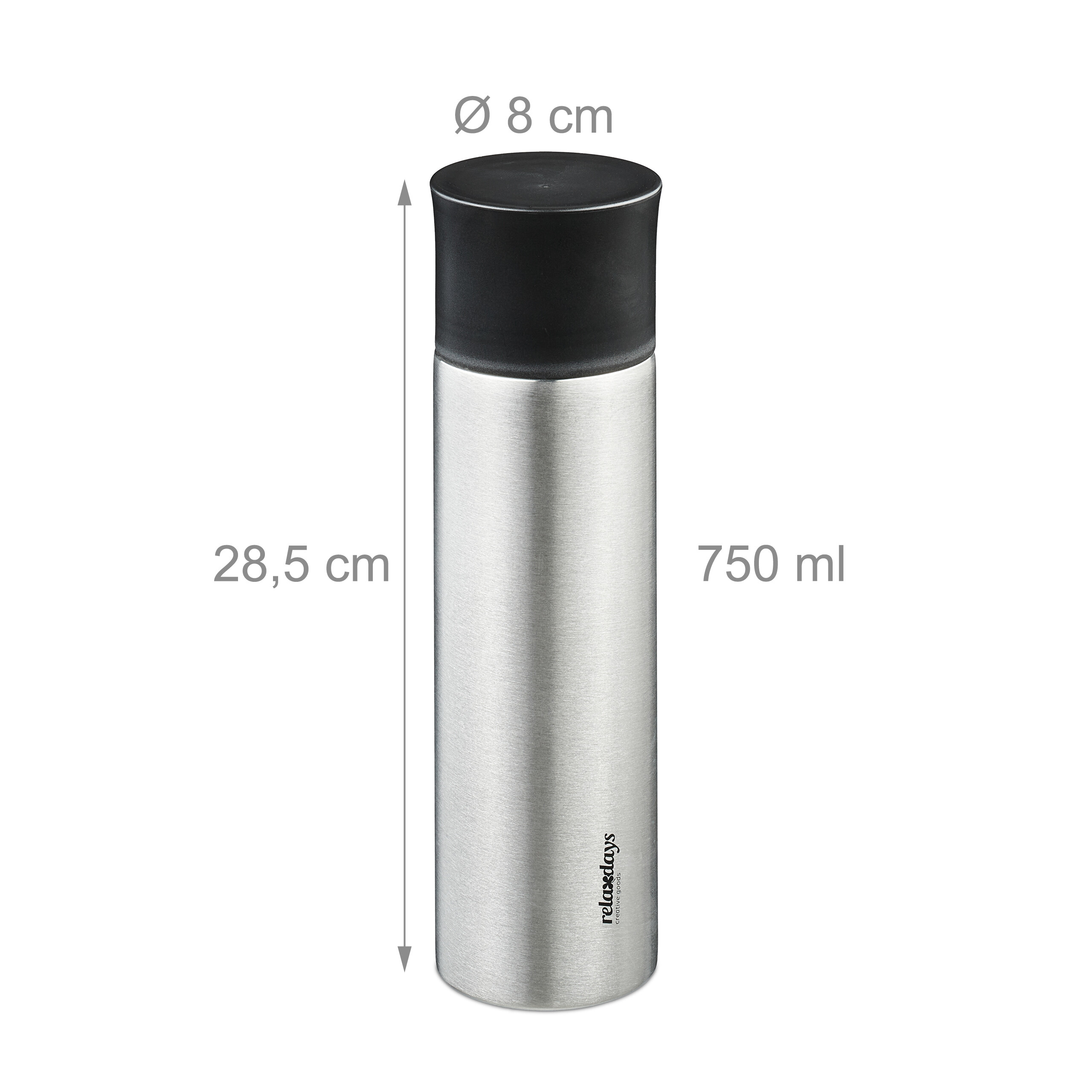 Edelstahl-Thermoskanne mit schwarzem Deckel, 750 ml Volumen, 28,5 cm Höhe und 8 cm Durchmesser.