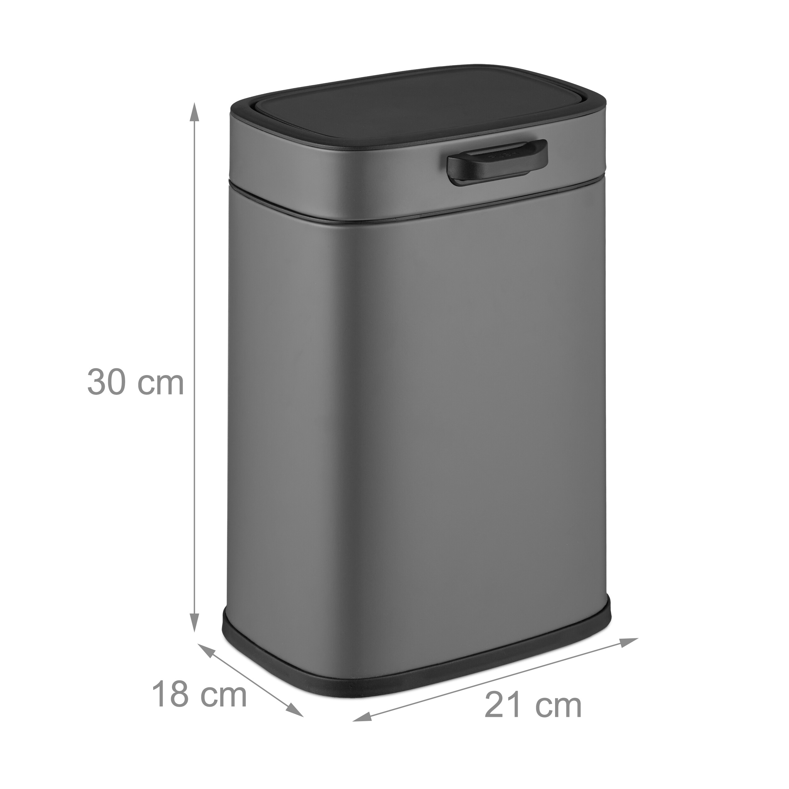 Grauer rechteckiger Mülleimer mit den Maßen 30 cm Höhe, 21 cm Breite und 18 cm Tiefe vor weißem Hintergrund.