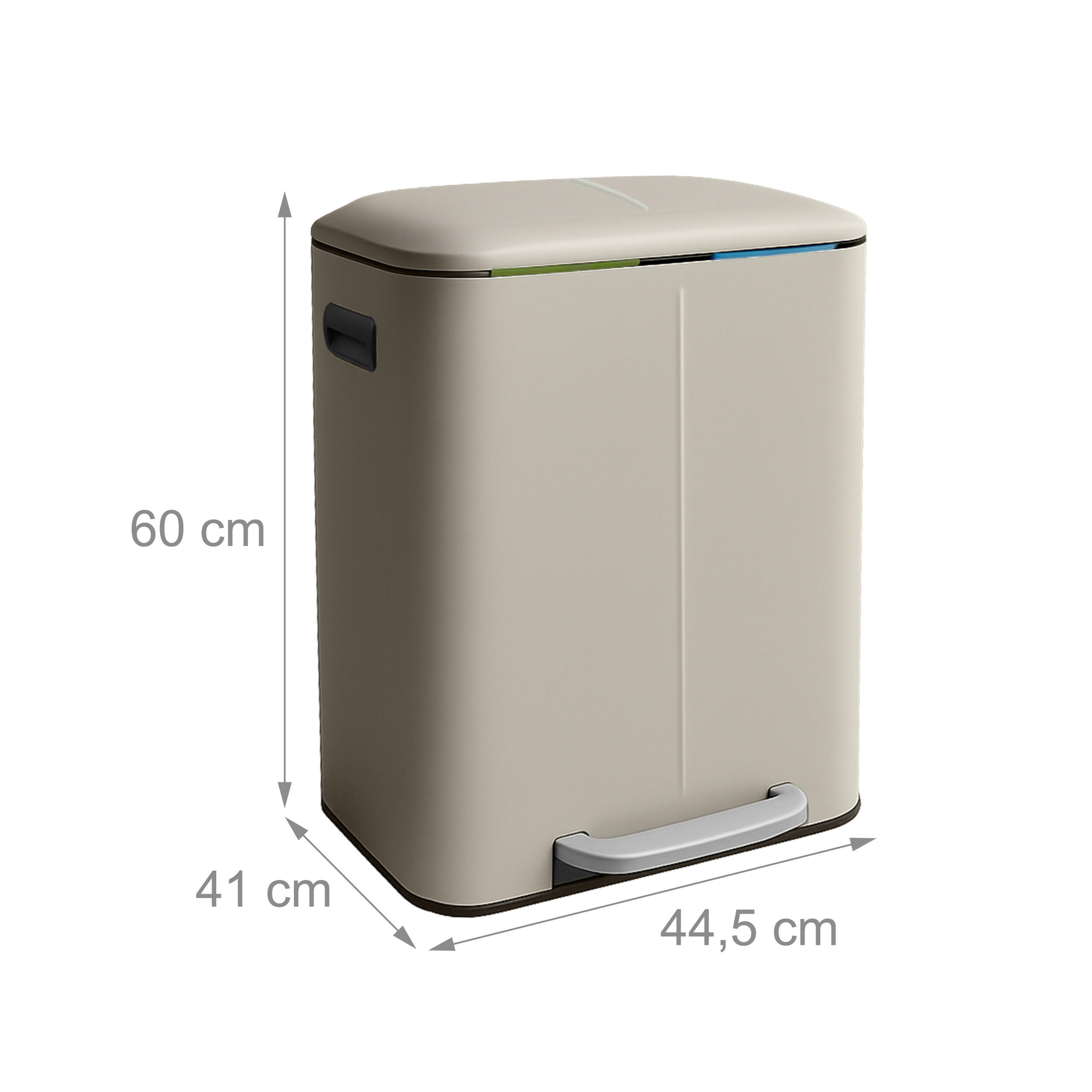 Beigefarbener Mülleimer mit Abmessungen von 60x41x44,5 cm auf weißem Hintergrund.