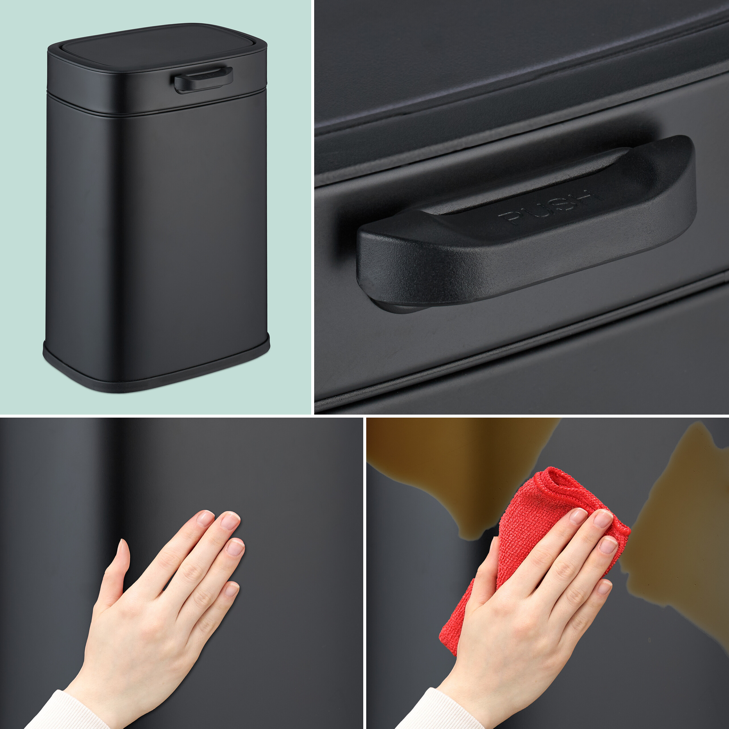Ein schwarzer Mülleimer mit Push-Griff wird gezeigt, inklusive Detailaufnahme und Reinigung mit rotem Tuch.