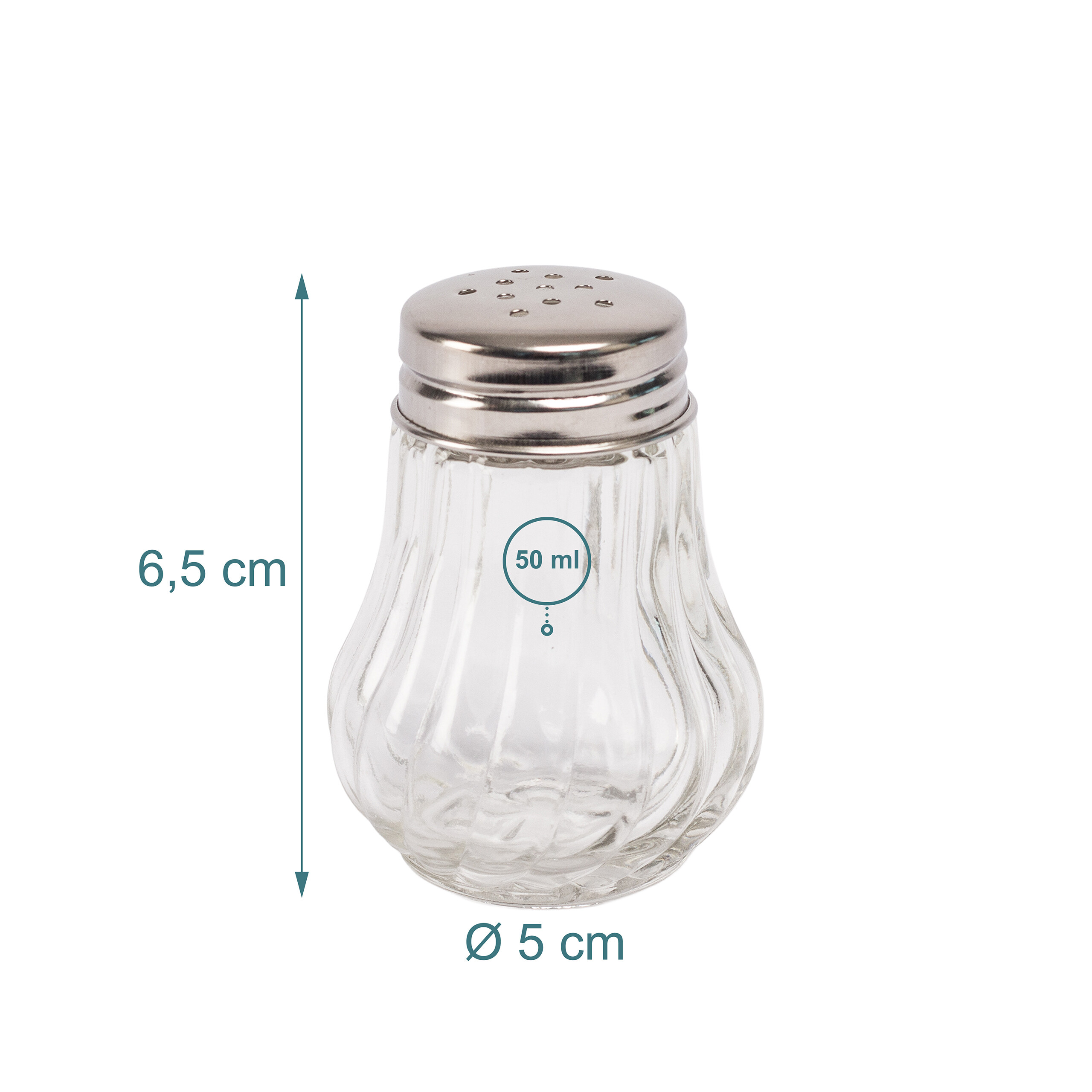 Kleiner Glasstreuer mit Edelstahldeckel, 6,5 cm hoch, 5 cm Durchmesser, 50 ml Volumen.