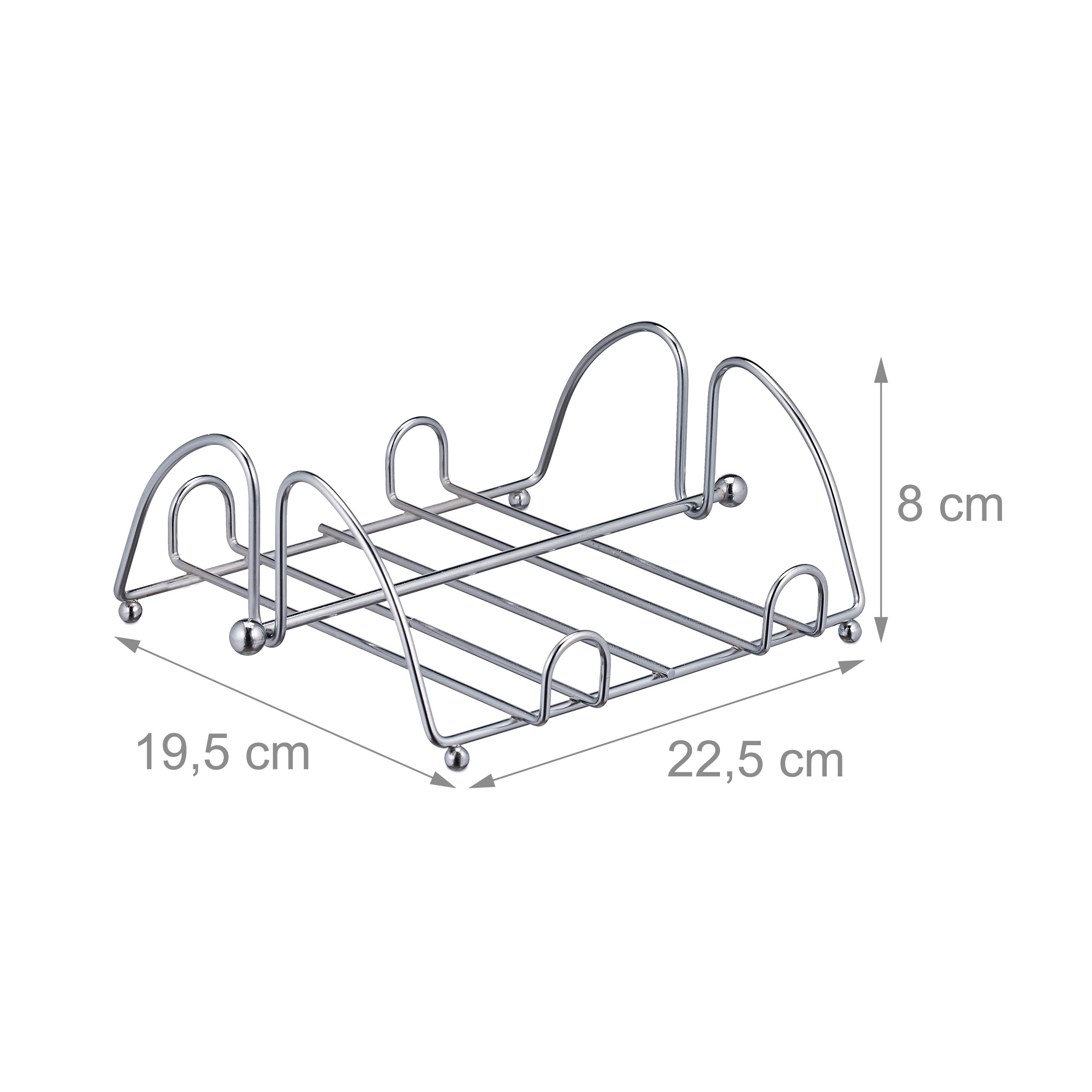 Chromfarbener Metallhalter mit Maßen von 22,5 x 19,5 x 8 cm vor weißem Hintergrund.