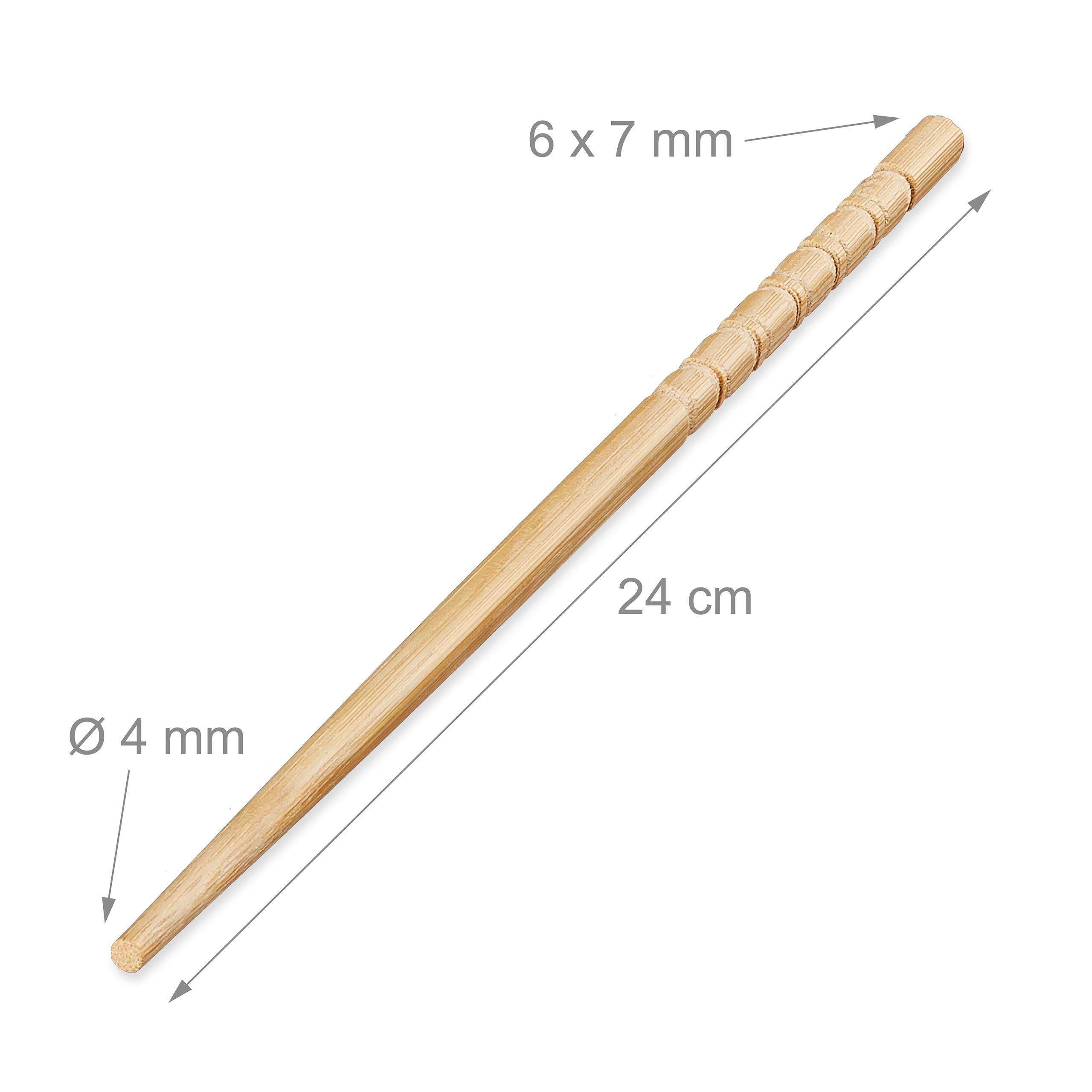 Ein hölzernes Haaraccessoire mit Abmessungen von 6x7 mm am Ende, 4 mm Durchmesser und 24 cm Länge auf weißem Hintergrund.