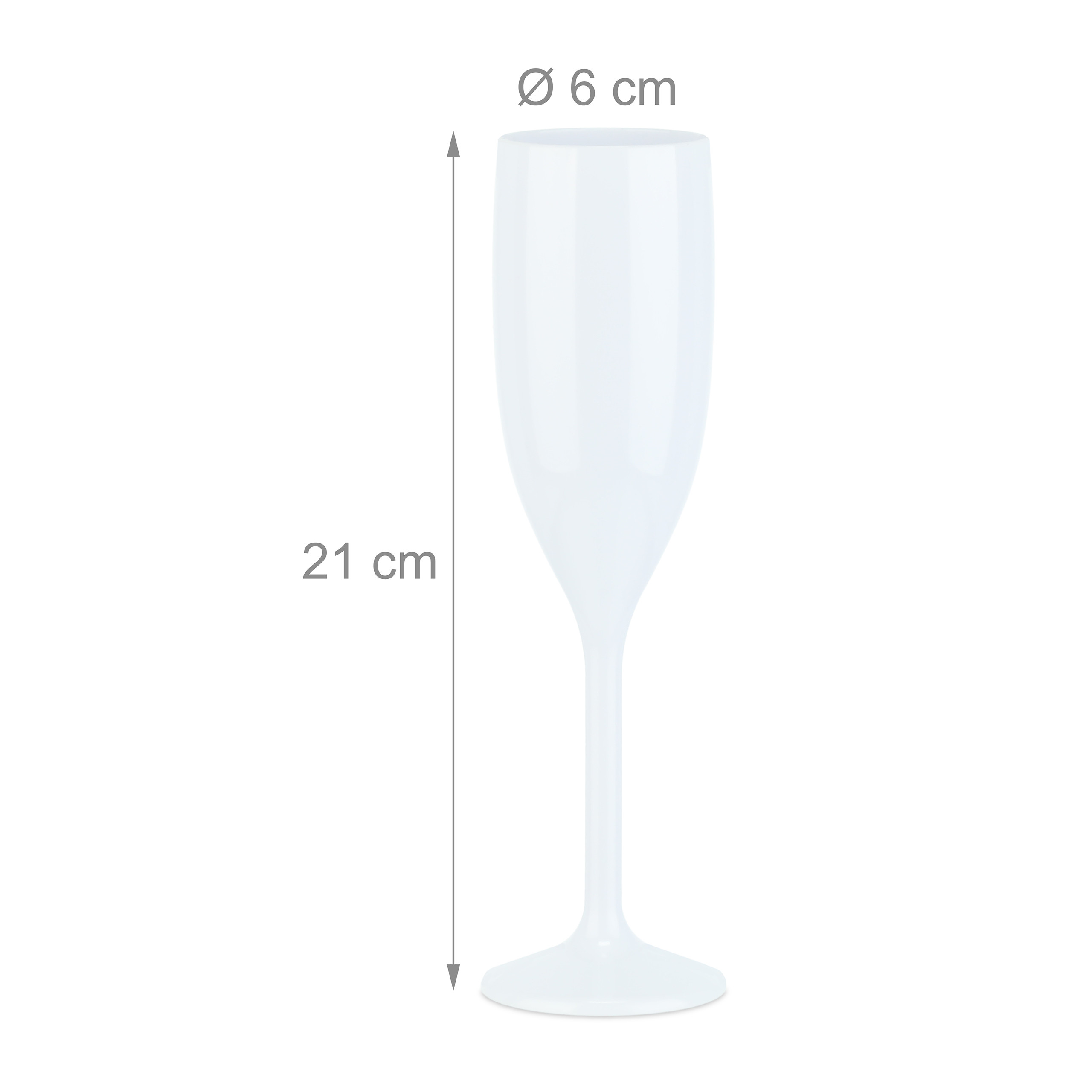 Ein weißes Sektglas mit den Maßen 21 cm Höhe und 6 cm Durchmesser auf hellem Hintergrund.