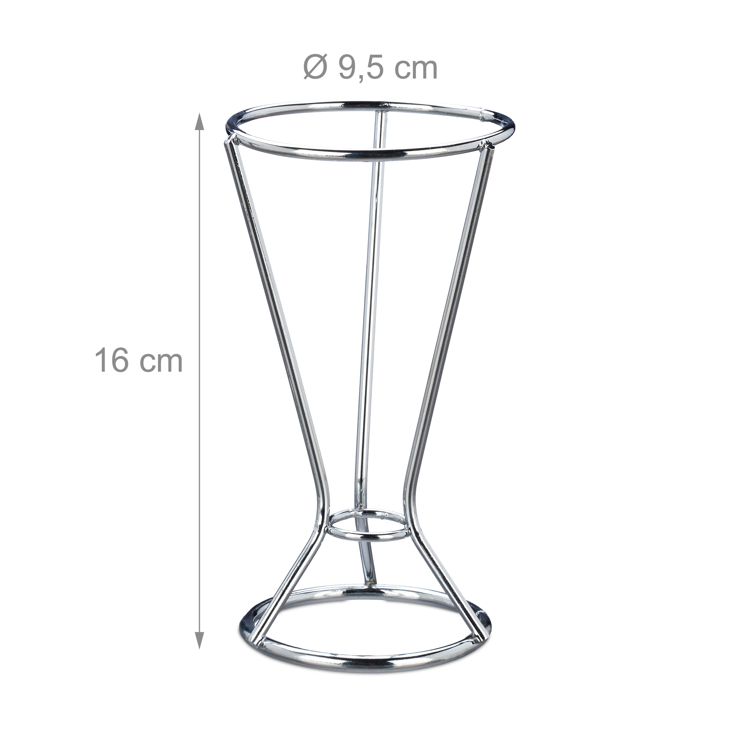 Ein verchromter Draht-Tütenhalter, 16 cm hoch mit 9,5 cm Durchmesserobernring, vor weißem Hintergrund.