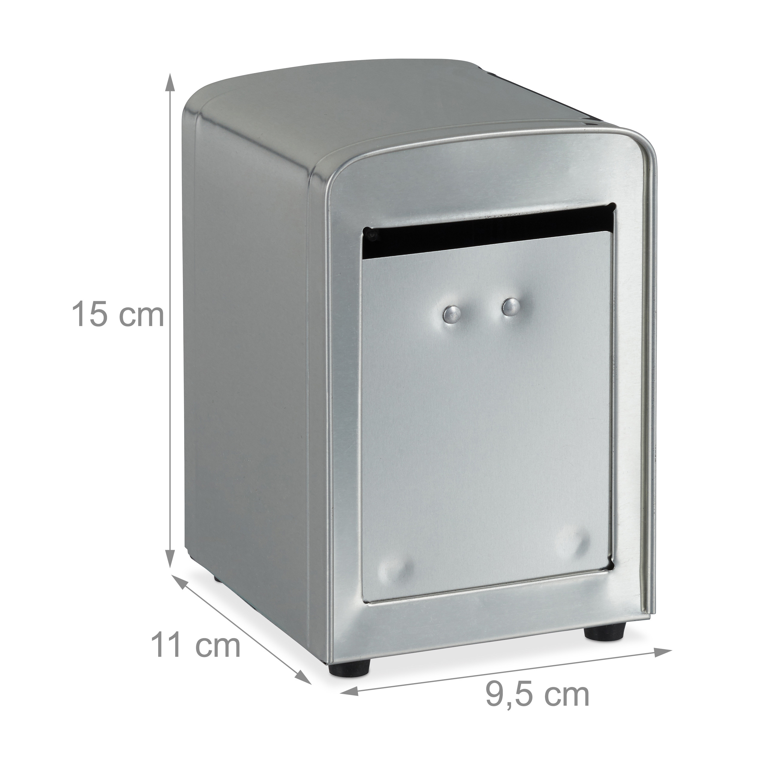 Silberner Metall-Serviettenhalter mit Bemaßung: 15 cm hoch, 9,5 cm breit und 11 cm tief.