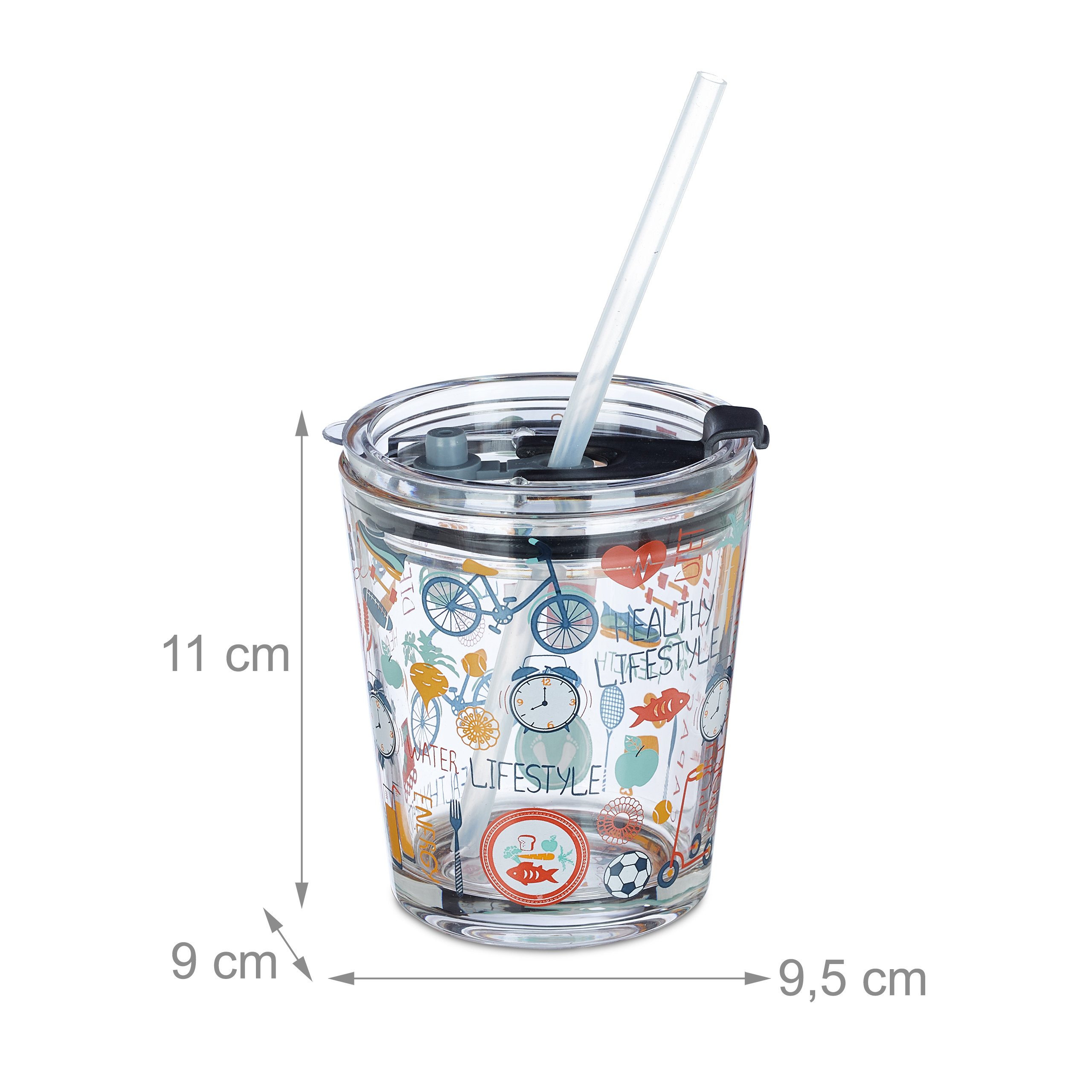 Transparenter Trinkbecher mit Strohhalm, bunten Motiven und Maßangaben in Höhe und Breite.