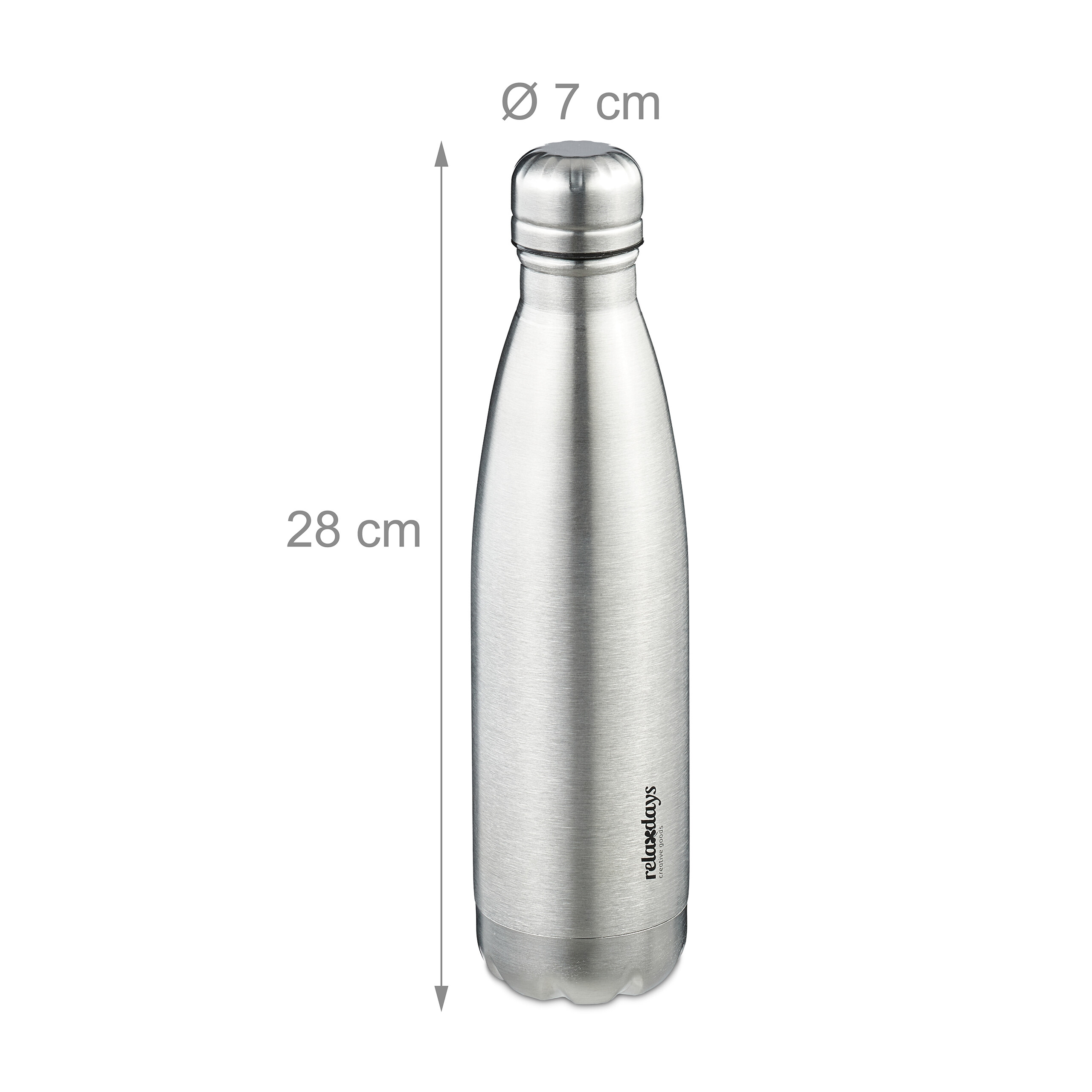 Eine silberne Trinkflasche aus Edelstahl, 28 cm hoch und 7 cm im Durchmesser, mit Maßen.