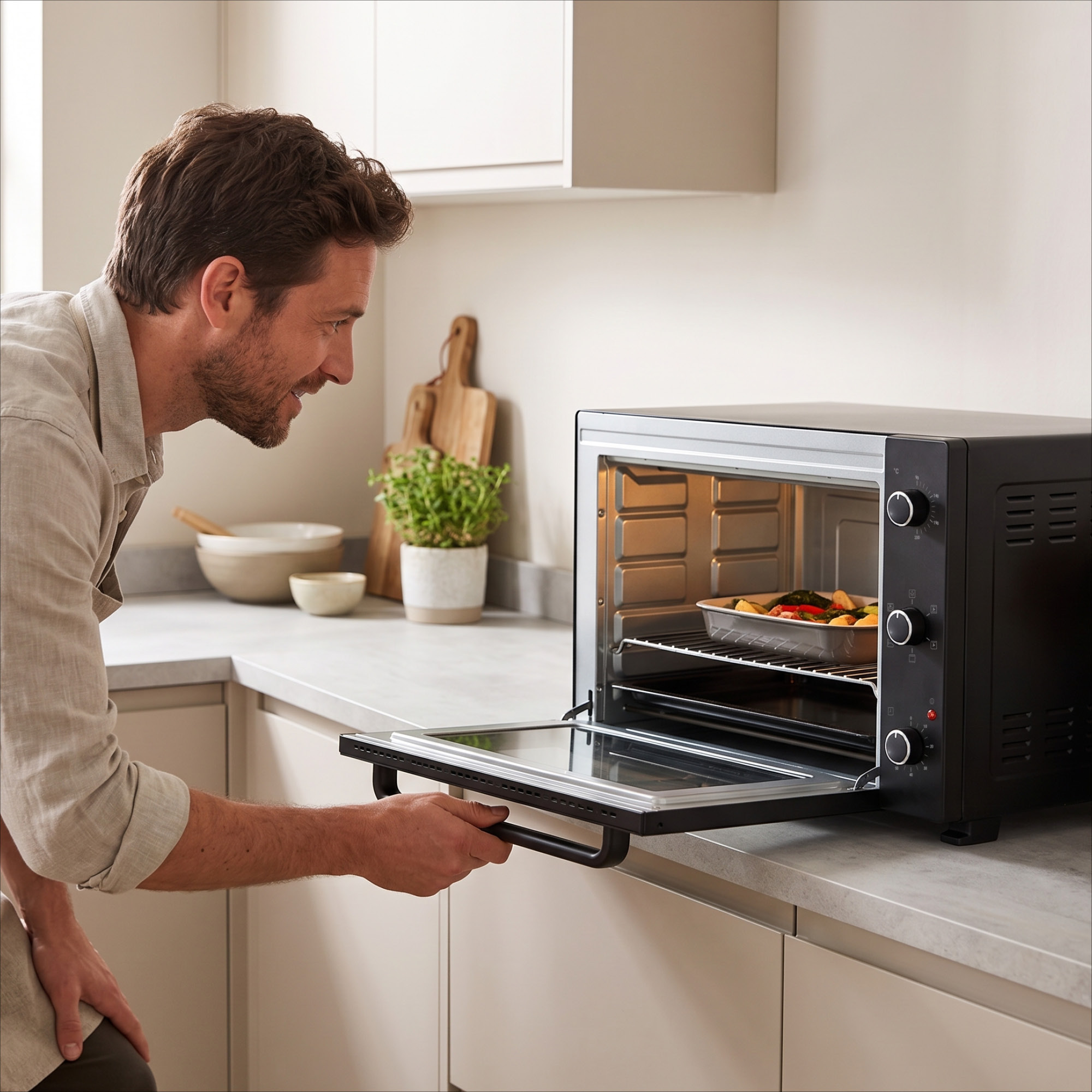 Ein Mann öffnet eine schwarze Mini-Backofen auf einer Küchenarbeitsplatte, in dem eine Auflaufform mit Gemüse steht.