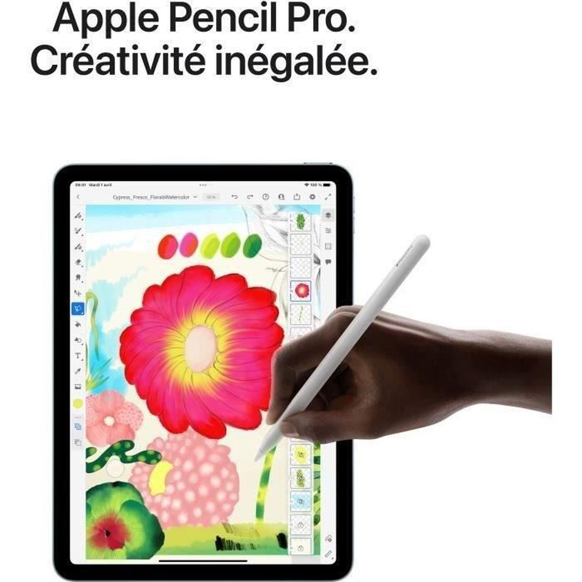Mano che usa una Apple Pencil Pro per disegnare un fiore rosso e giallo su un tablet.