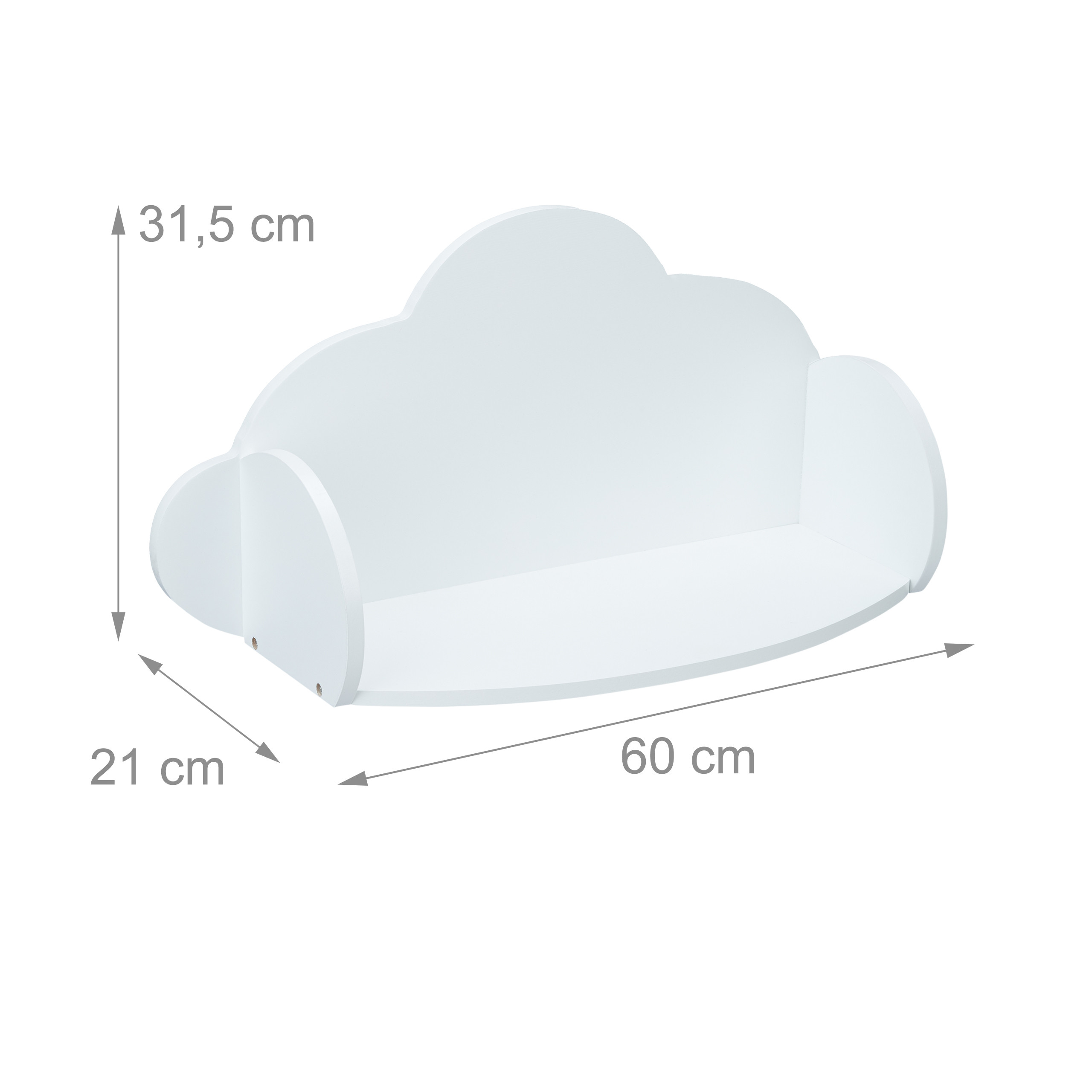 Weißes Wandregal in Wolkenform mit Maßangaben von 60 cm Breite, 21 cm Tiefe und 31,5 cm Höhe.