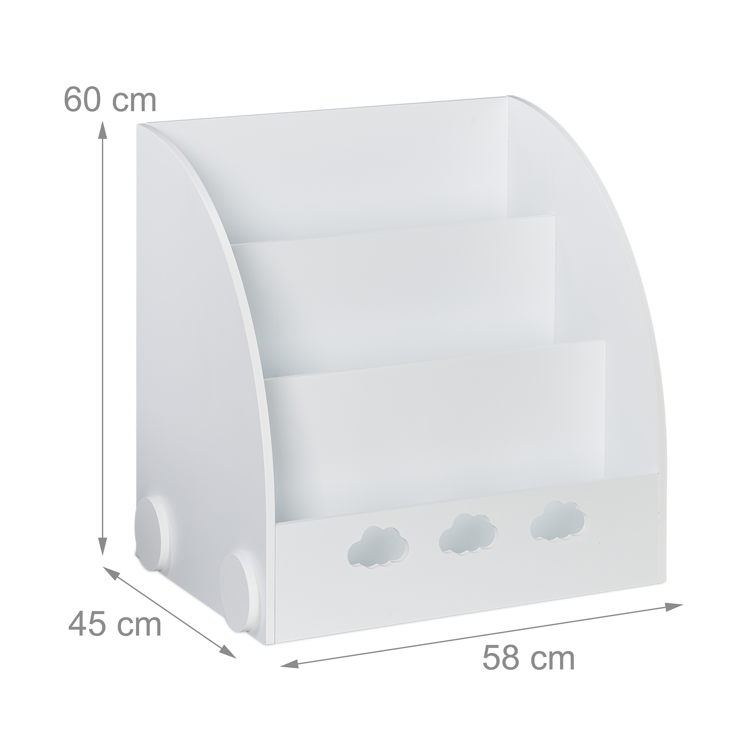 Weißes Bücherregal für Kinder mit Rollen und Maßen von 58x45x60 cm.