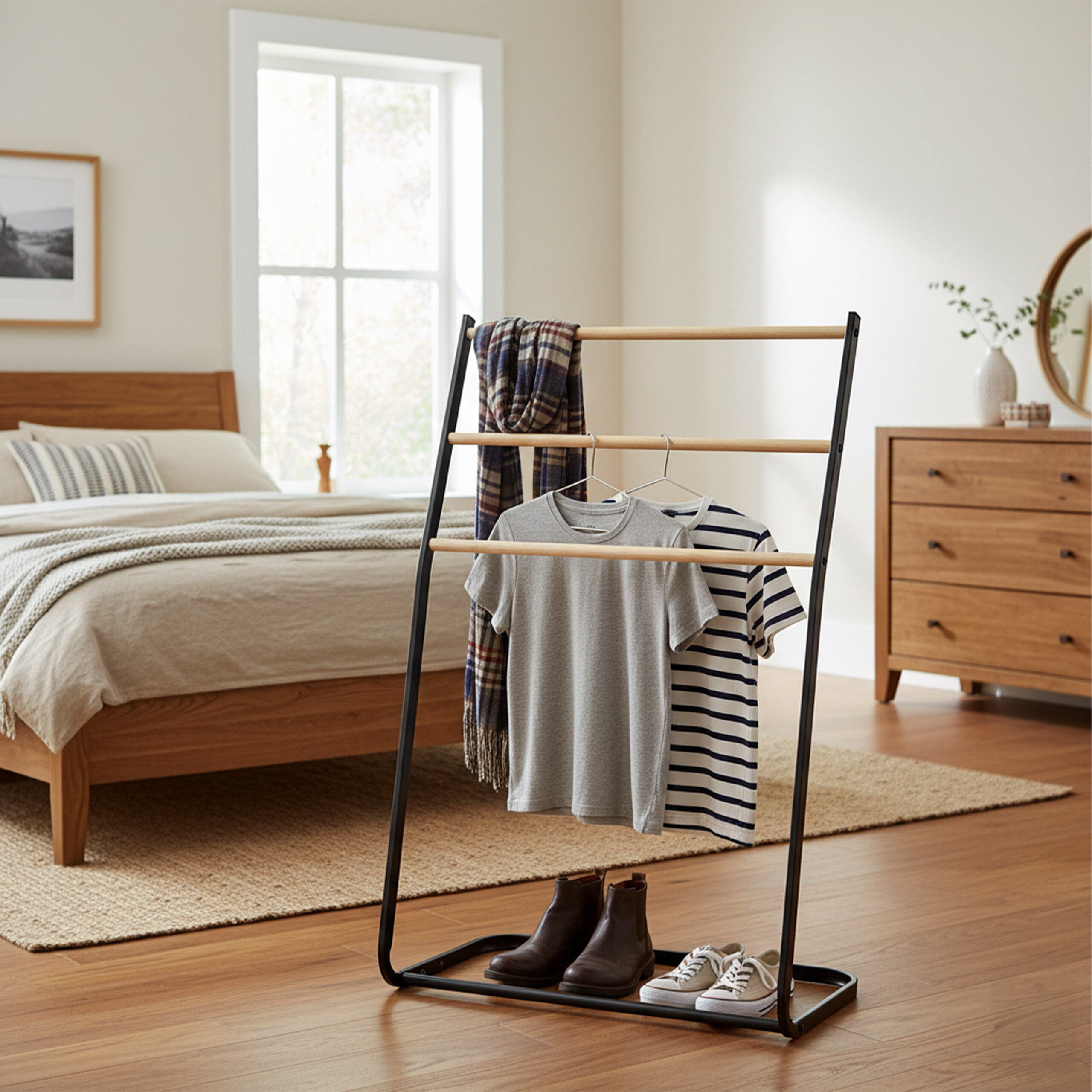 Kleiderständer mit T-Shirts, Schal, Stiefeln und Turnschuhen in einem hellen Schlafzimmer.
