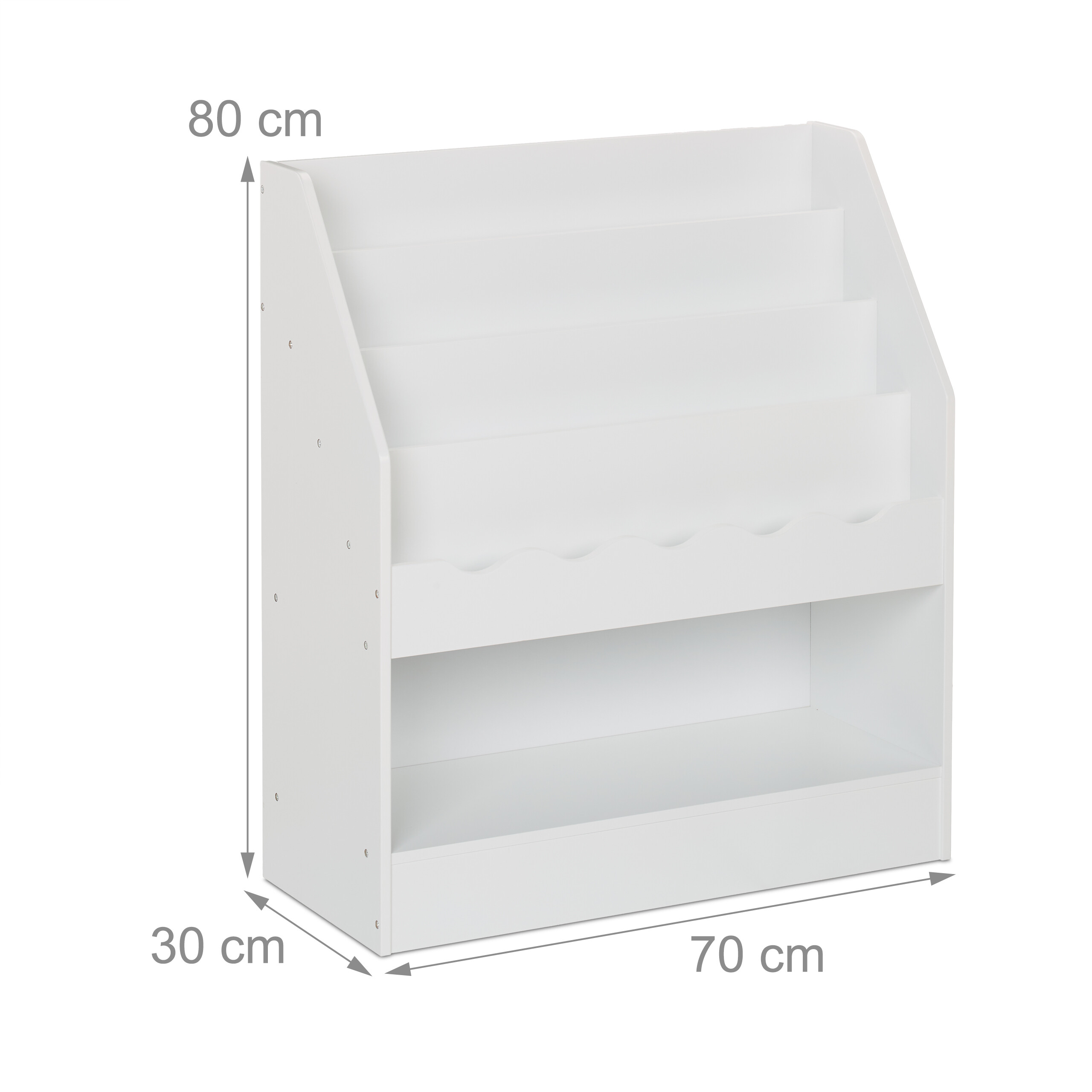 Weißes Holzbücherregal für Kinder mit 4 Stufen und unterem Fach, Maße 80x70x30 cm.