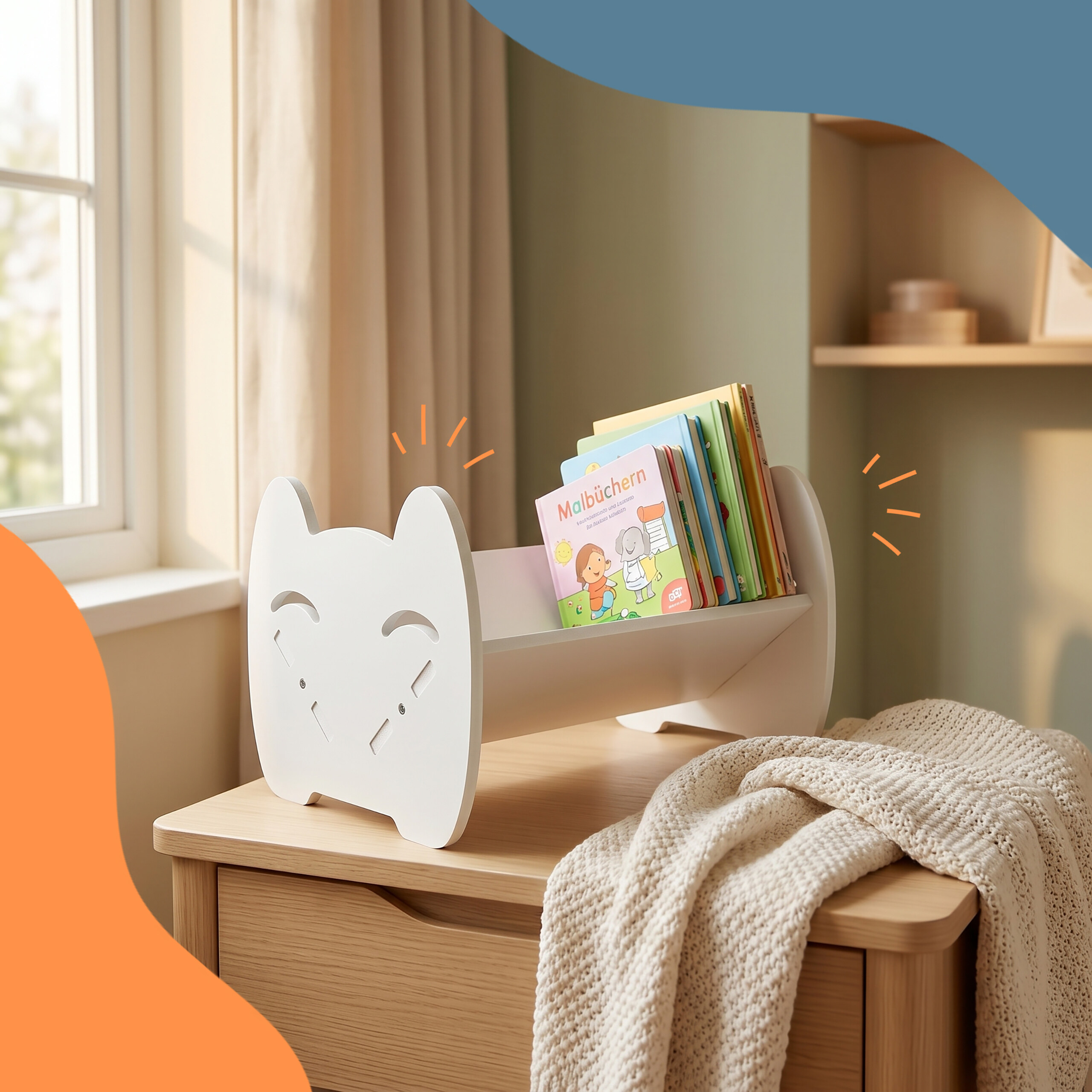 Ein weißes katzenförmiges Kinderbücherregal mit bunten Büchern steht auf einer Holzakkomode mit Strickdecke.