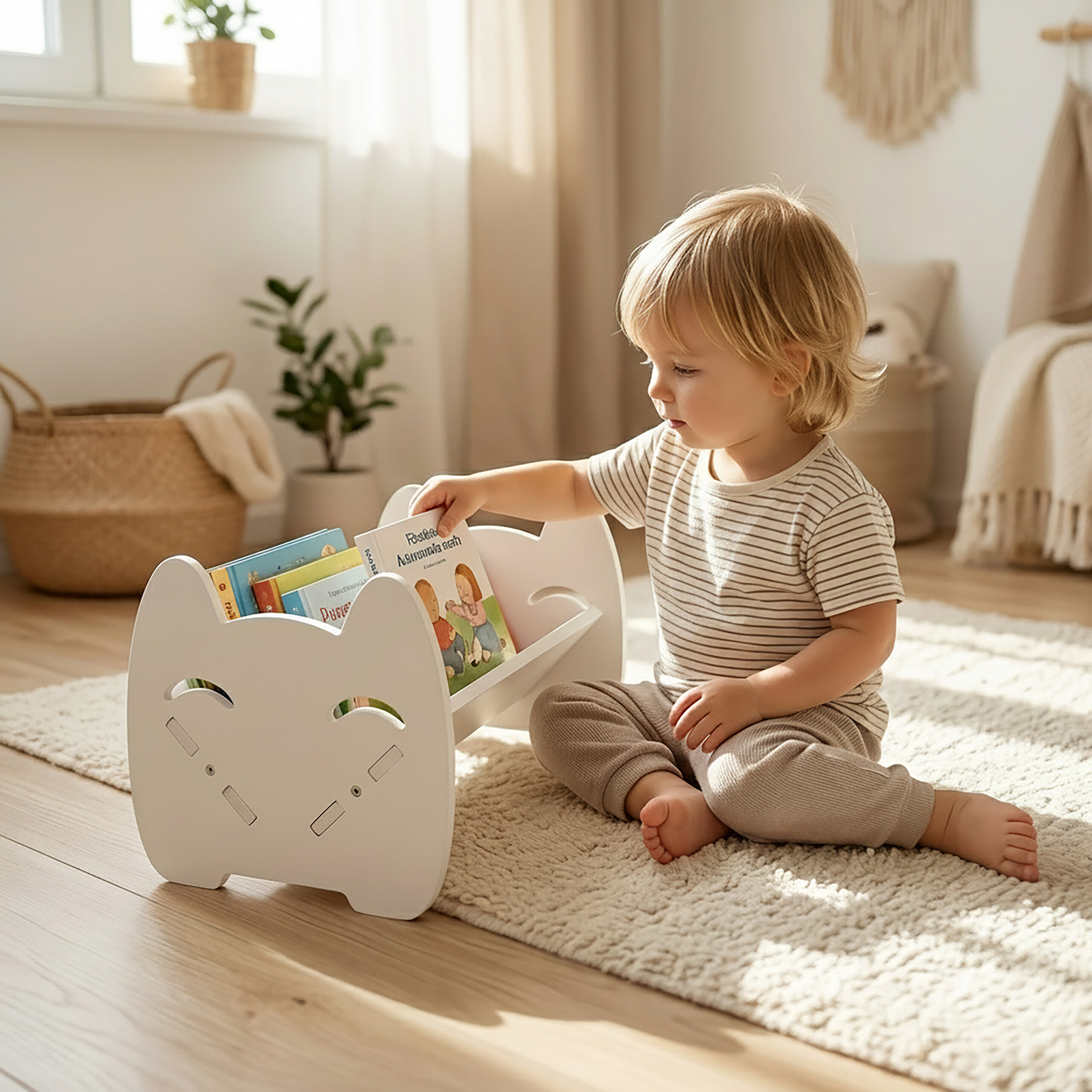 Kleinkind sitzt auf einem Teppich und greift in ein weißes, katzenförmiges Bücherregal mit bunten Kinderbüchern.
