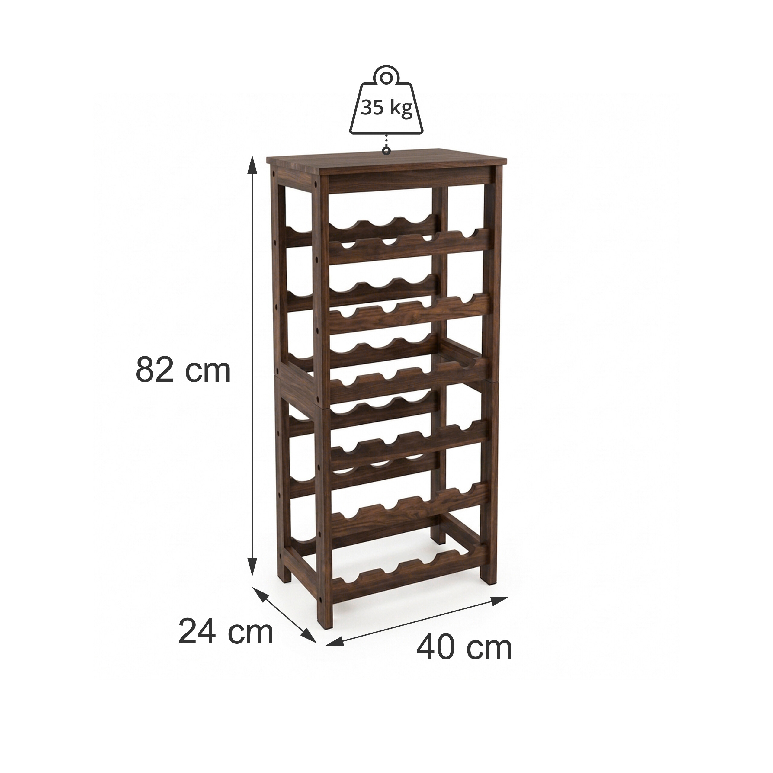 Ein braunes Weinregal aus Holz mit den Maßen 40x24x82 cm und 35 kg Tragkraft.