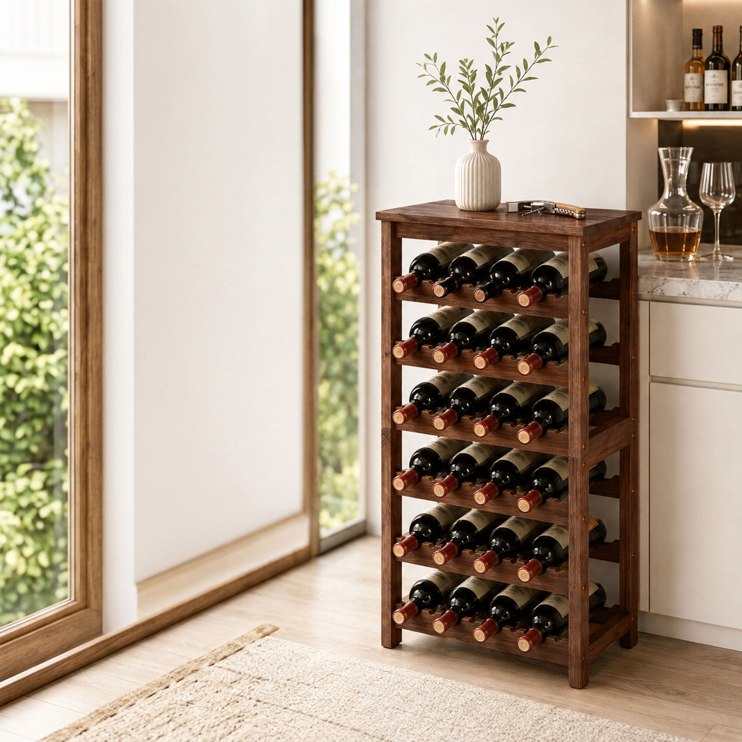 Ein hölzernes Weinregal mit Weinflaschen steht in einem hellen Raum in der Nähe eines großen Fensters.