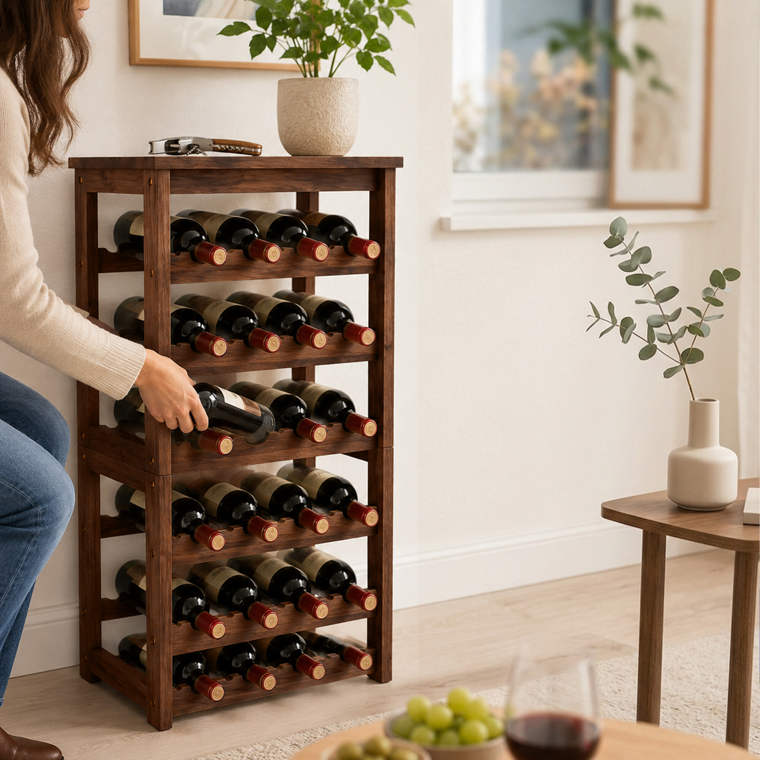 Eine Frau in Jeans nimmt eine Flasche Wein aus einem braunen Holzregal in einem hellen Raum.