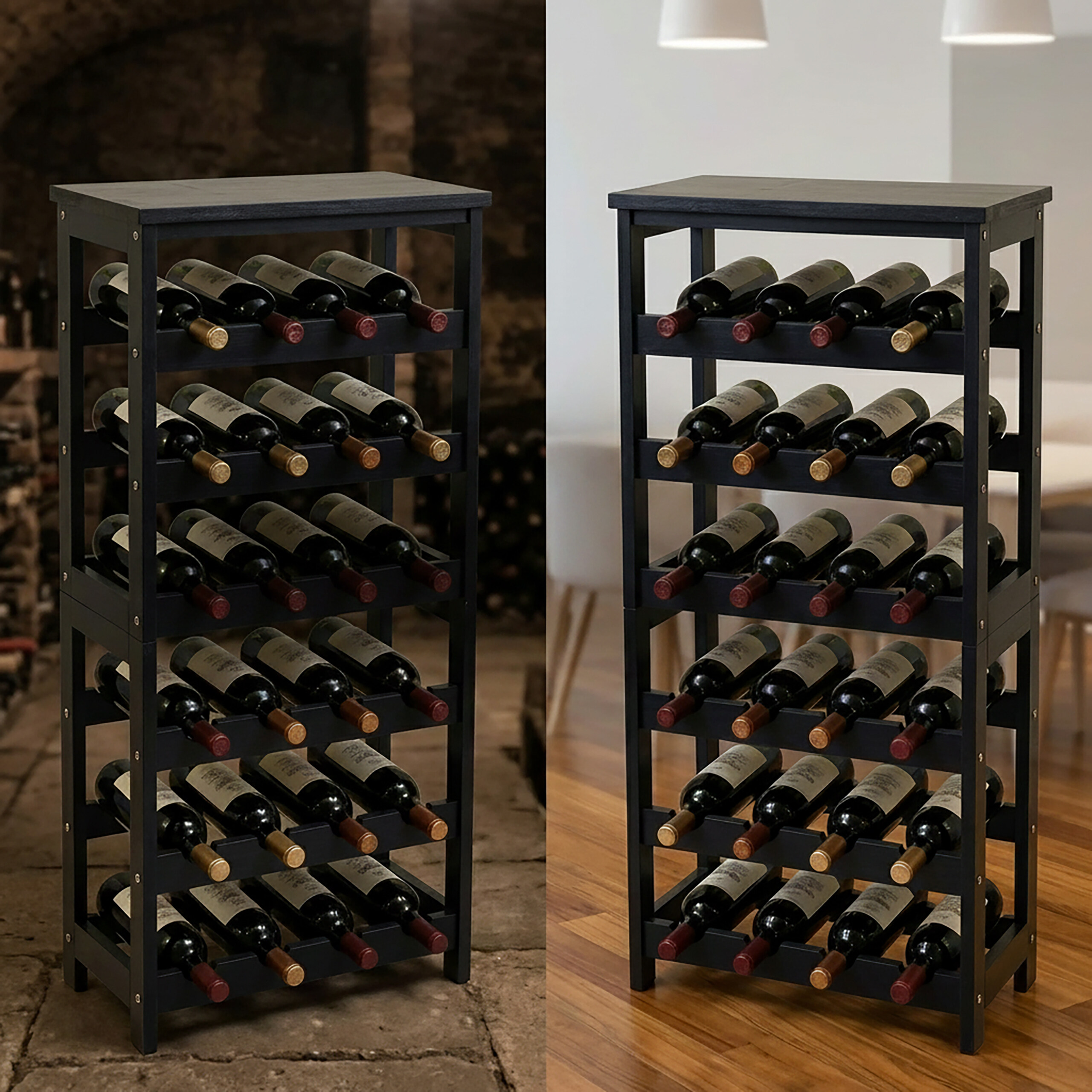 Zwei schwarze Weinregale aus Holz, gefüllt mit Weinflaschen, eines im Weinkeller, eines im Raum.