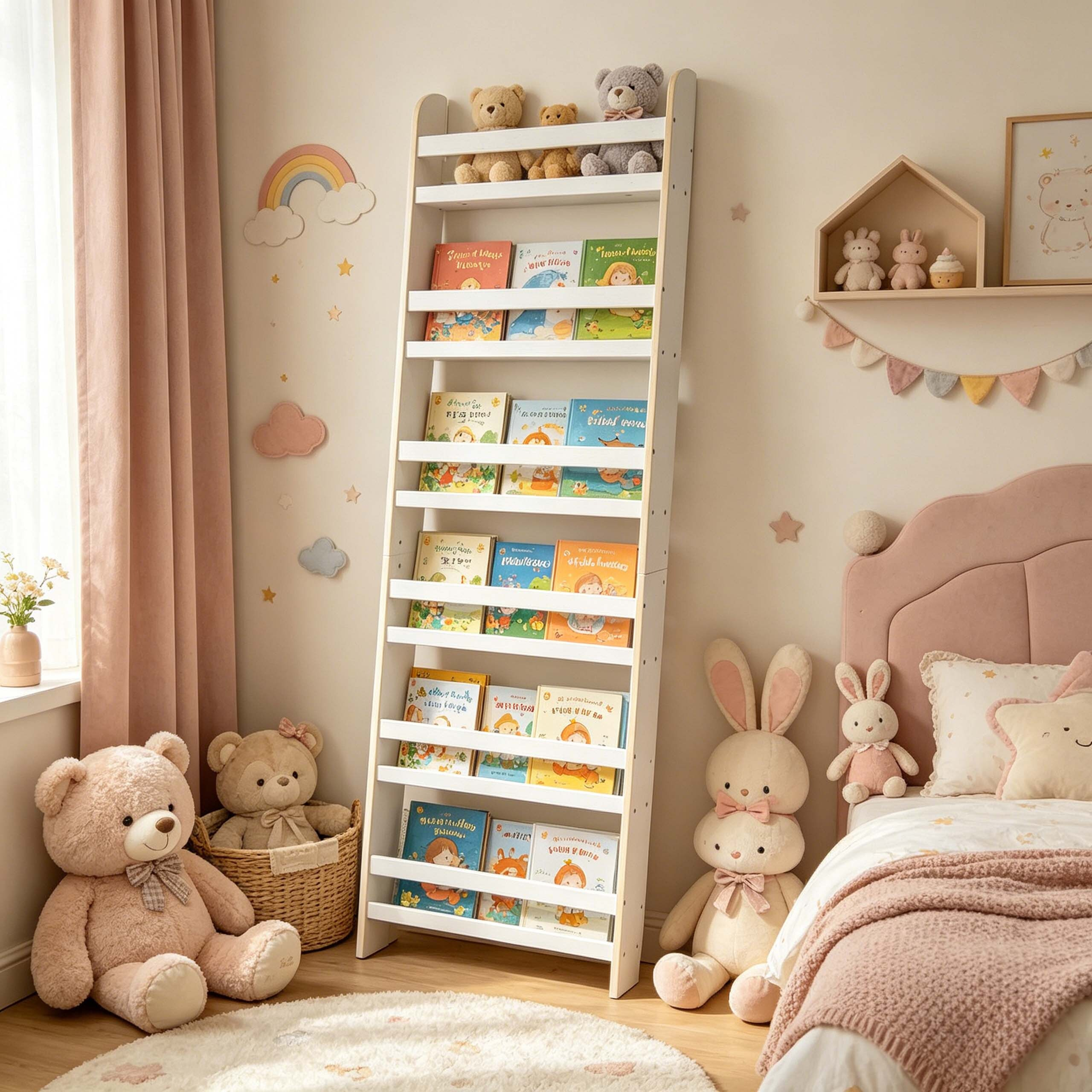 Ein Kinderzimmer mit einem weißen Bücherregal voller Bücher, Plüschbären und einem rosa Bett.