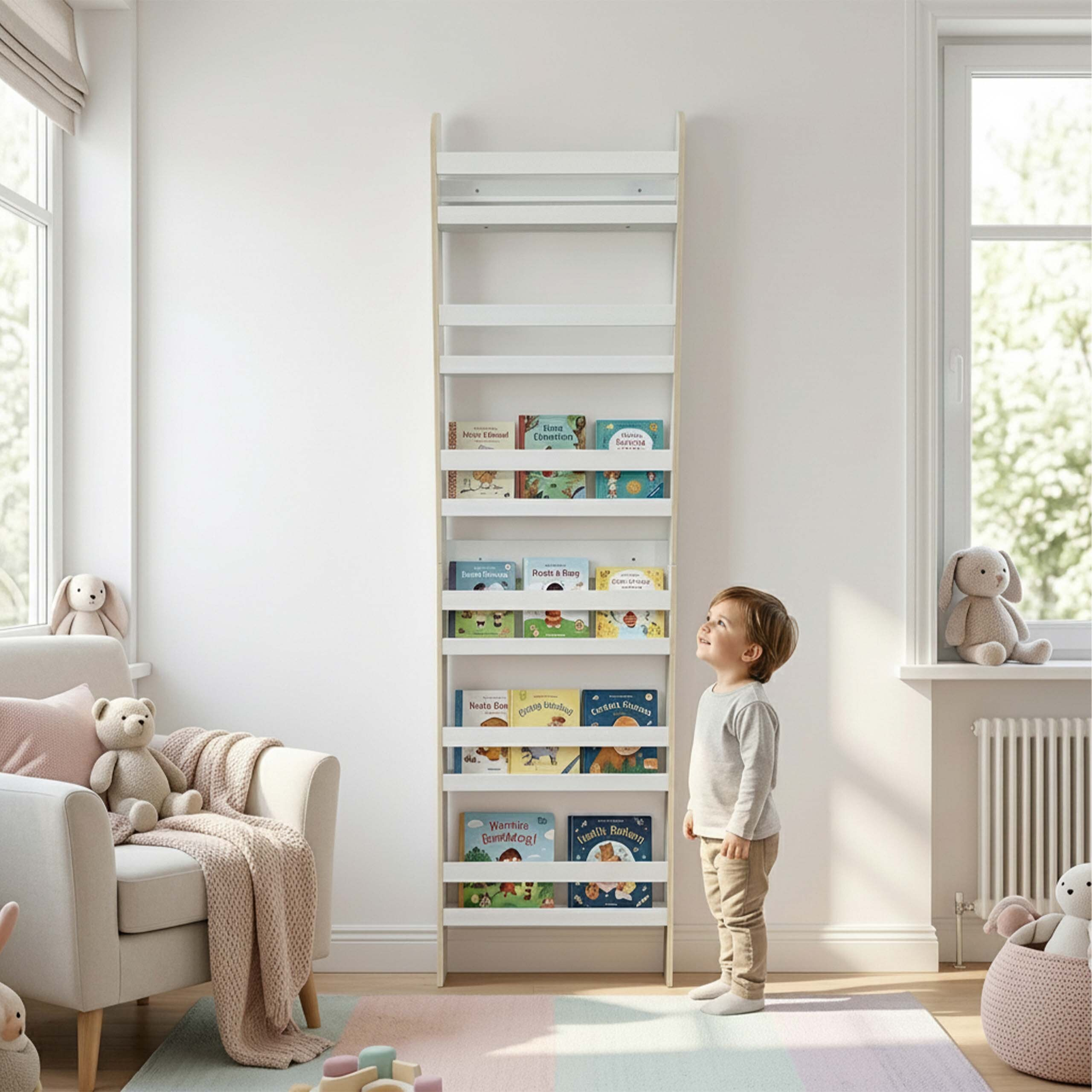 Kleinkind schaut in einem hellen Kinderzimmer zu einem großen weißen Bücherregal mit vielen bunten Kinderbüchern auf.
