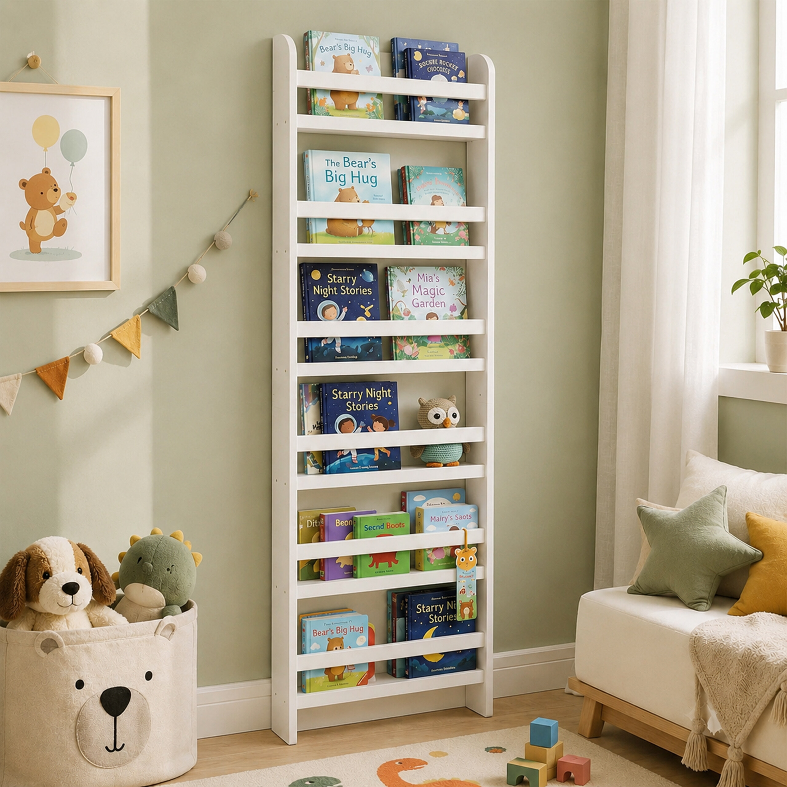 Ein weißes Holzregal mit Kinderbüchern steht in einem hellen Zimmer mit Spielzeugkiste und Sofa.