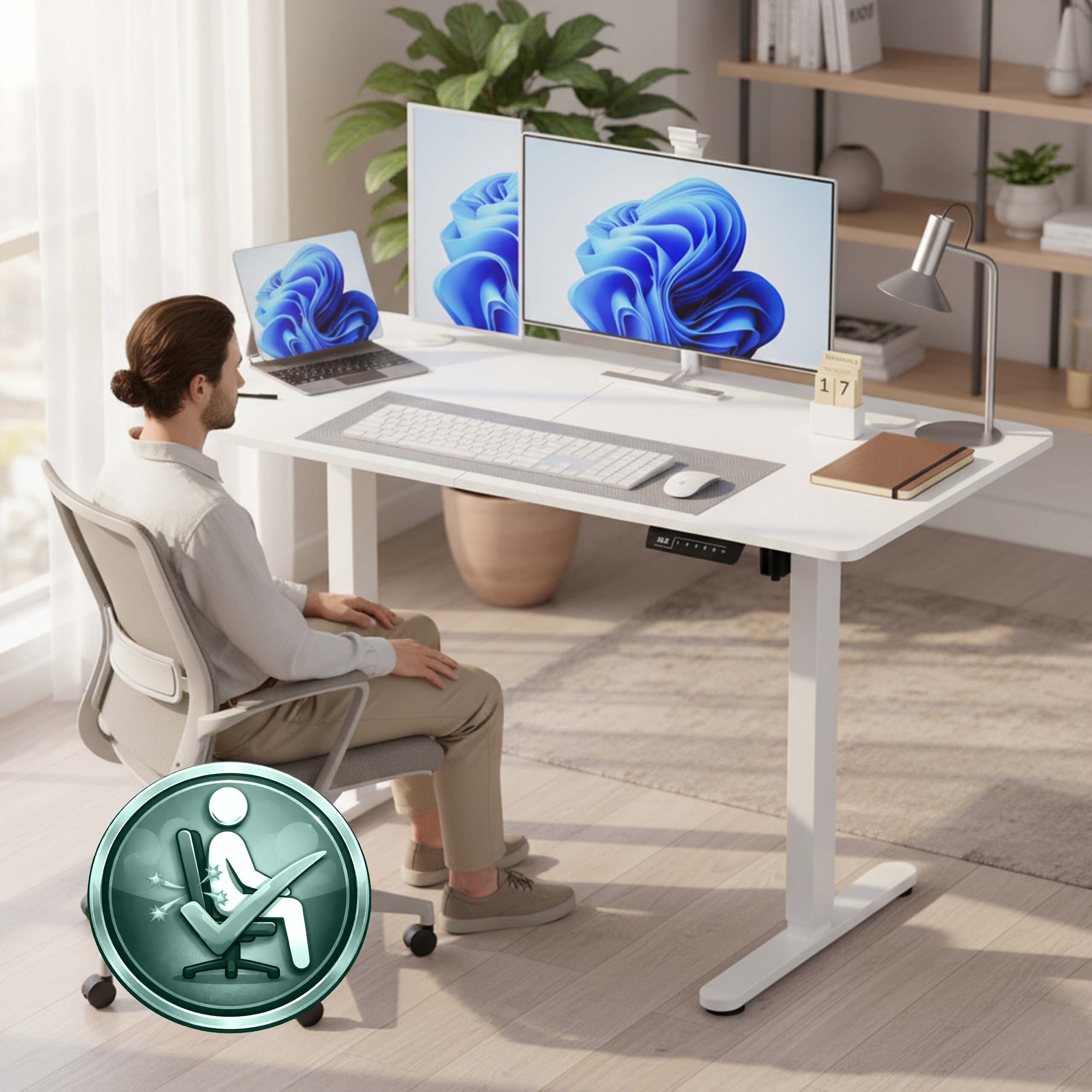 Ein Mann sitzt an einem weißen Stehschreibtisch mit zwei Monitoren und einem Laptop in einem hellen Büro.