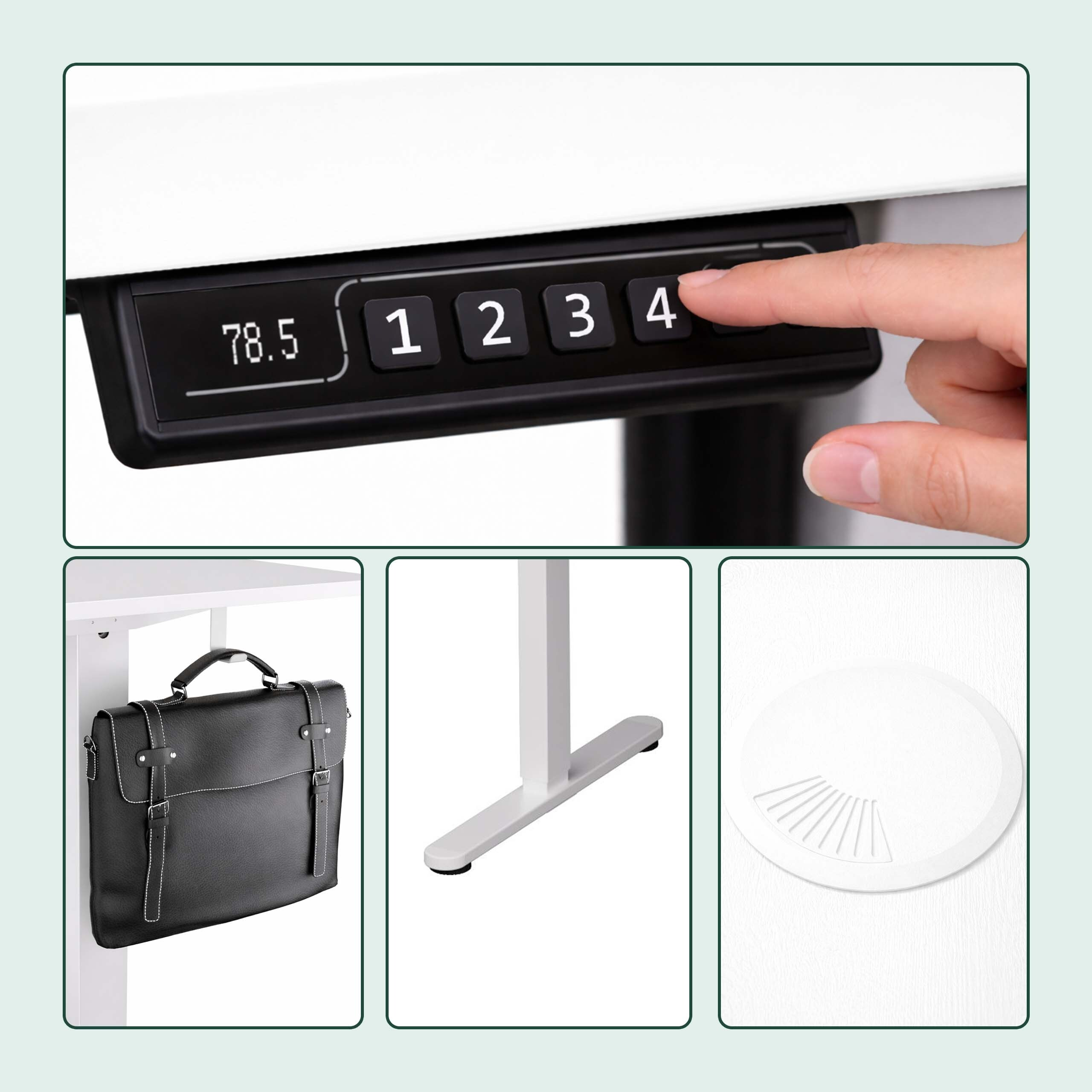 Ein Bedienfeld für einen Stehschreibtisch mit digitalem Display, eine Tasche, ein Tischbein und ein Kabeldurchlass.