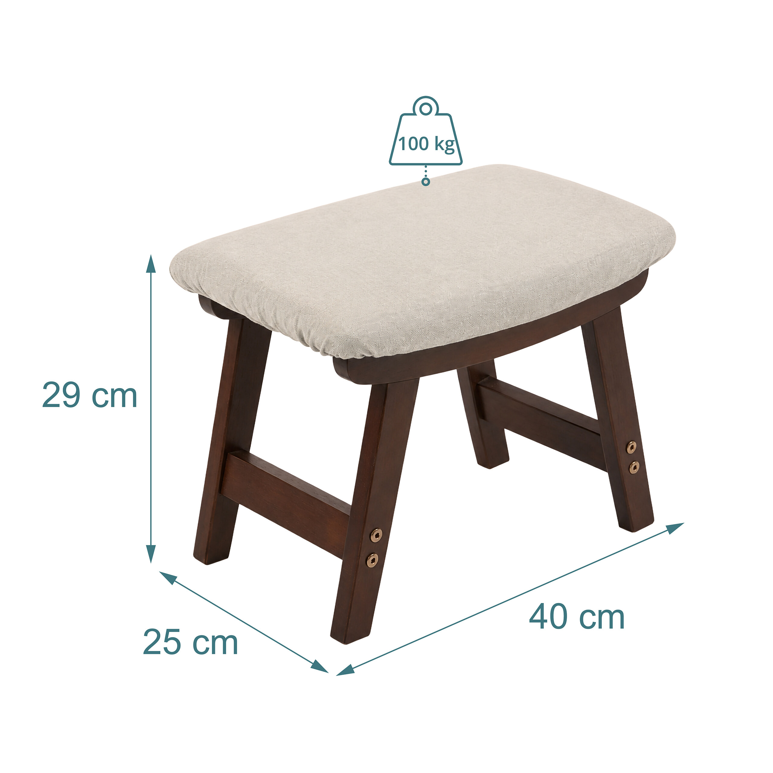 Ein kleiner Holzschemel mit gepolstertem Sitz und Maßangaben in cm und kg.